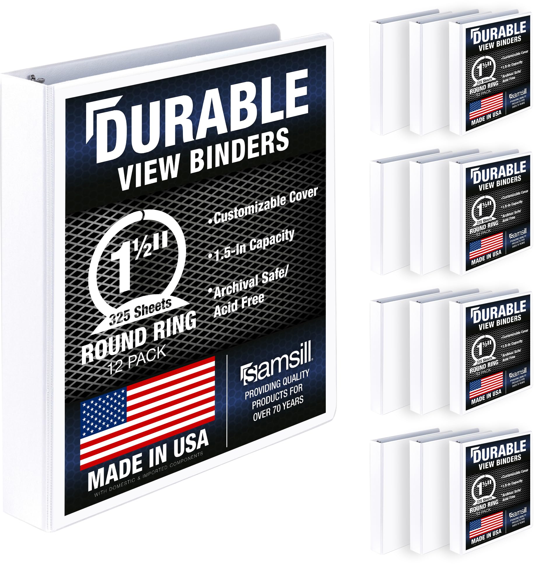 Samsill Durable 1.5 Inch Binder/White Round Ring Binder/Customizable Clear View Binder/Bulk Binder 12 Pack/White 3 Ring Binder / 1.5 Inch Binder