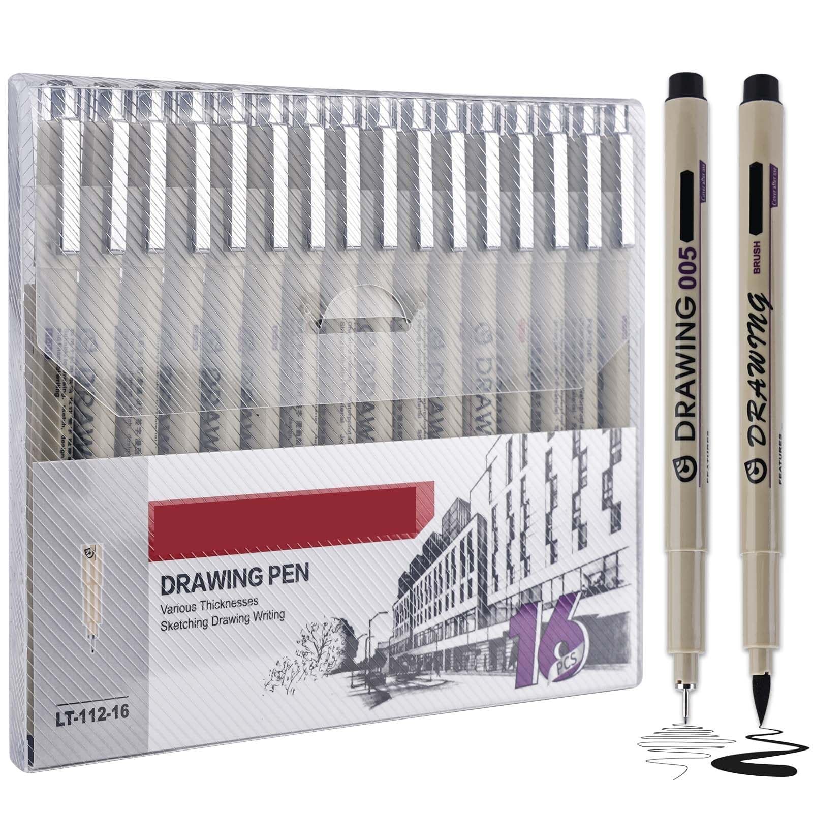 Juego de 16 rotuladores fineliner de color negro, con 16 anchos de línea diferentes, rotuladores micron fineliner negros, juego de rotuladores fineliner negro, bolígrafo de tinta resistente al agua