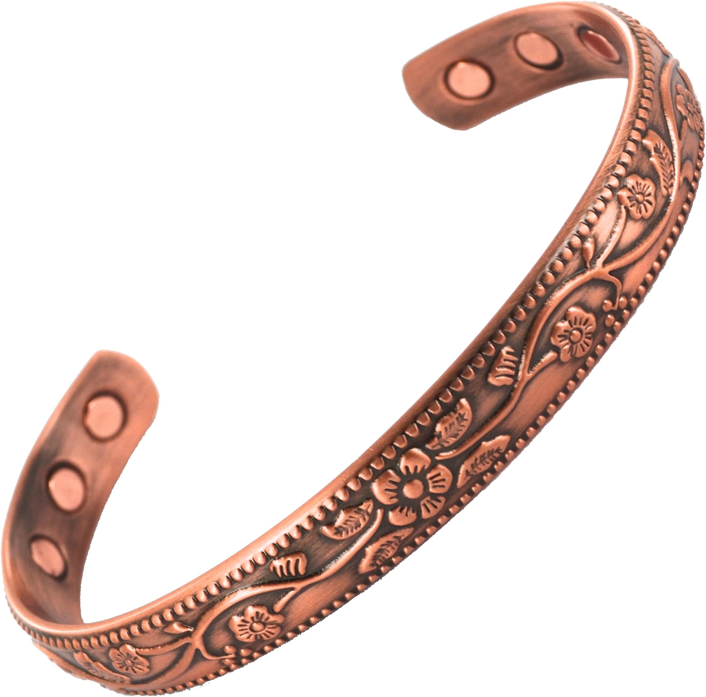 MAGNATURALPURE COPPER MAGNETIC BRACELET 6 POWERFUL MAGNETS BANGLE - PREMIUM FLOWER DESIGN, STRONG Cuff Wrist Band for Women Ladies or Mens + VELVET GIFT POUCH!