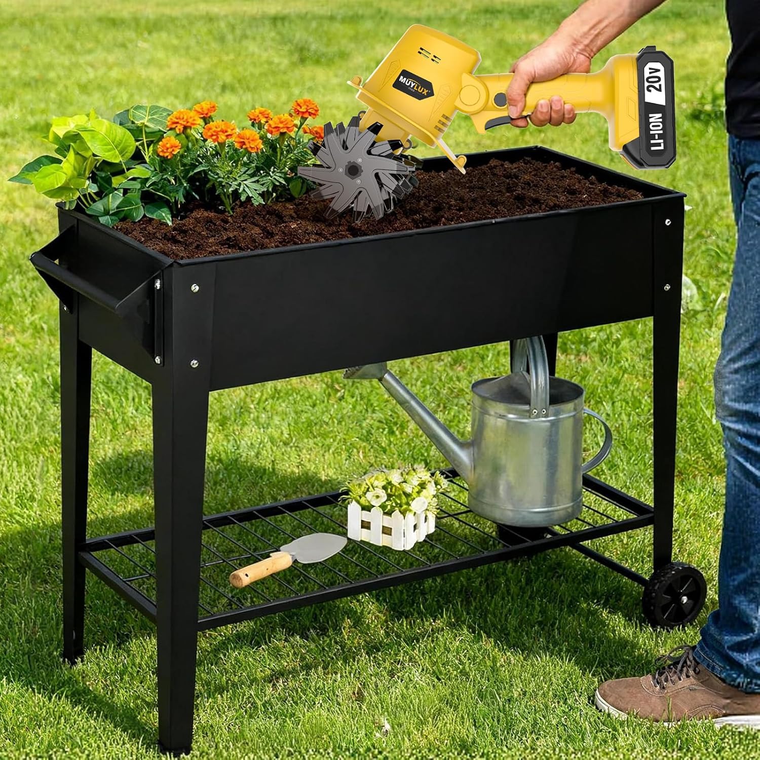 20V Cordless Tiller Cultivator for Gardening, Electric Garden Tiller with Battery & Charger, Garden Rototiller for Lawn Gardening Soil Cultivation, 2 Batteries