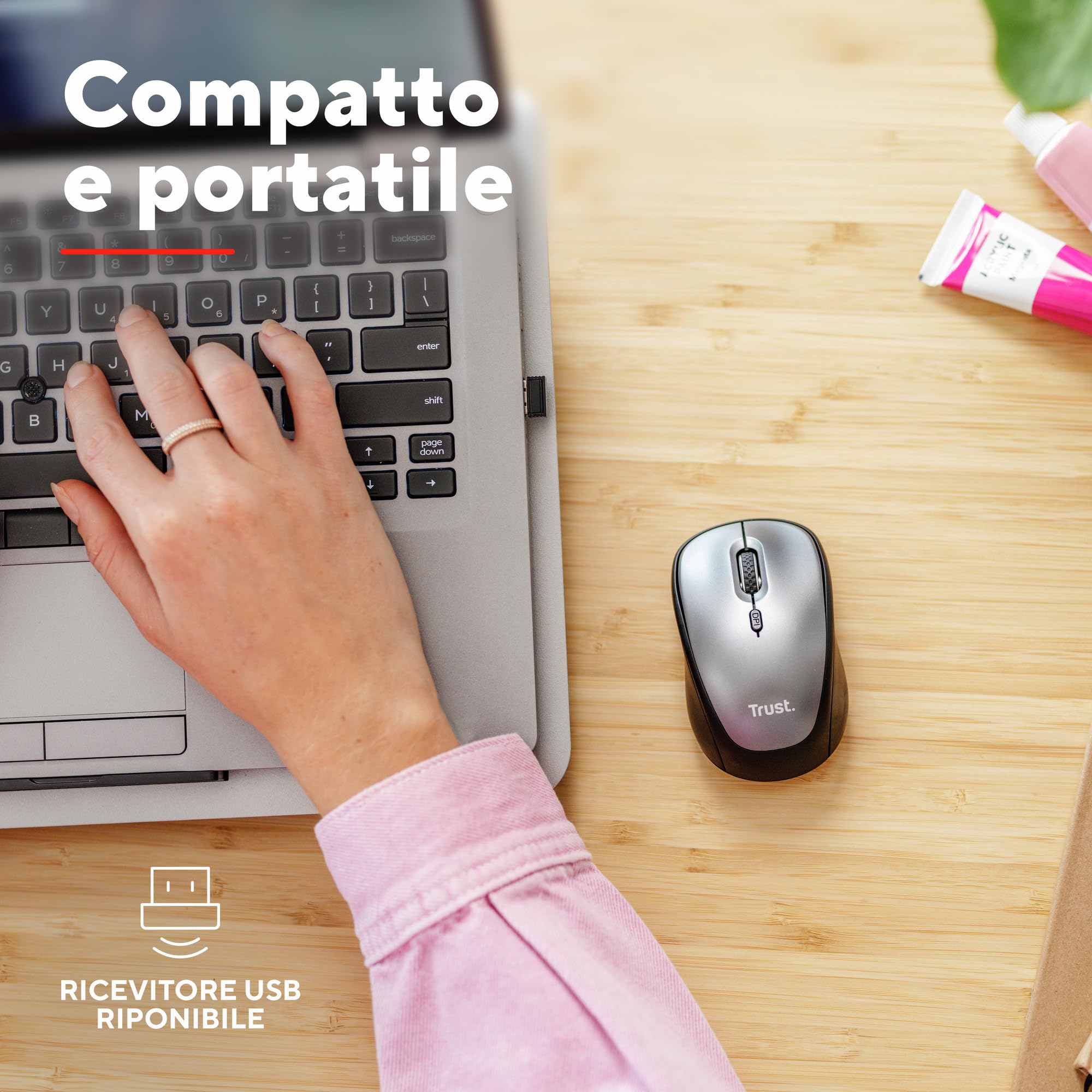 Trust Yuki Mouse Wireless Silenzioso con Batteria, per Mano Sinistra e Destra, 83% Plastica Riciclata, 800-1600 DPI, Microricevitore USB, Mouse Senza Fili Compatto per PC, Laptop, Computer, Mac