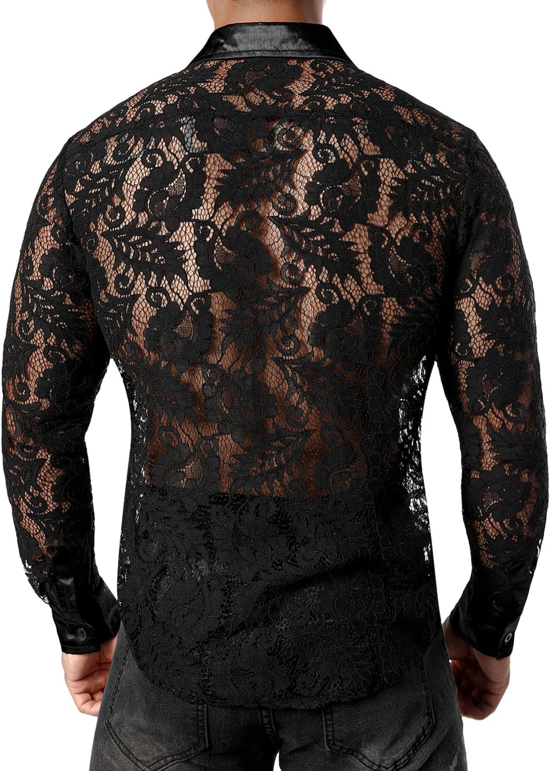 JOGAL Men's See Through Flower Lace Sheer Blouse Long Sleeve Button Down Shirts - Image 2