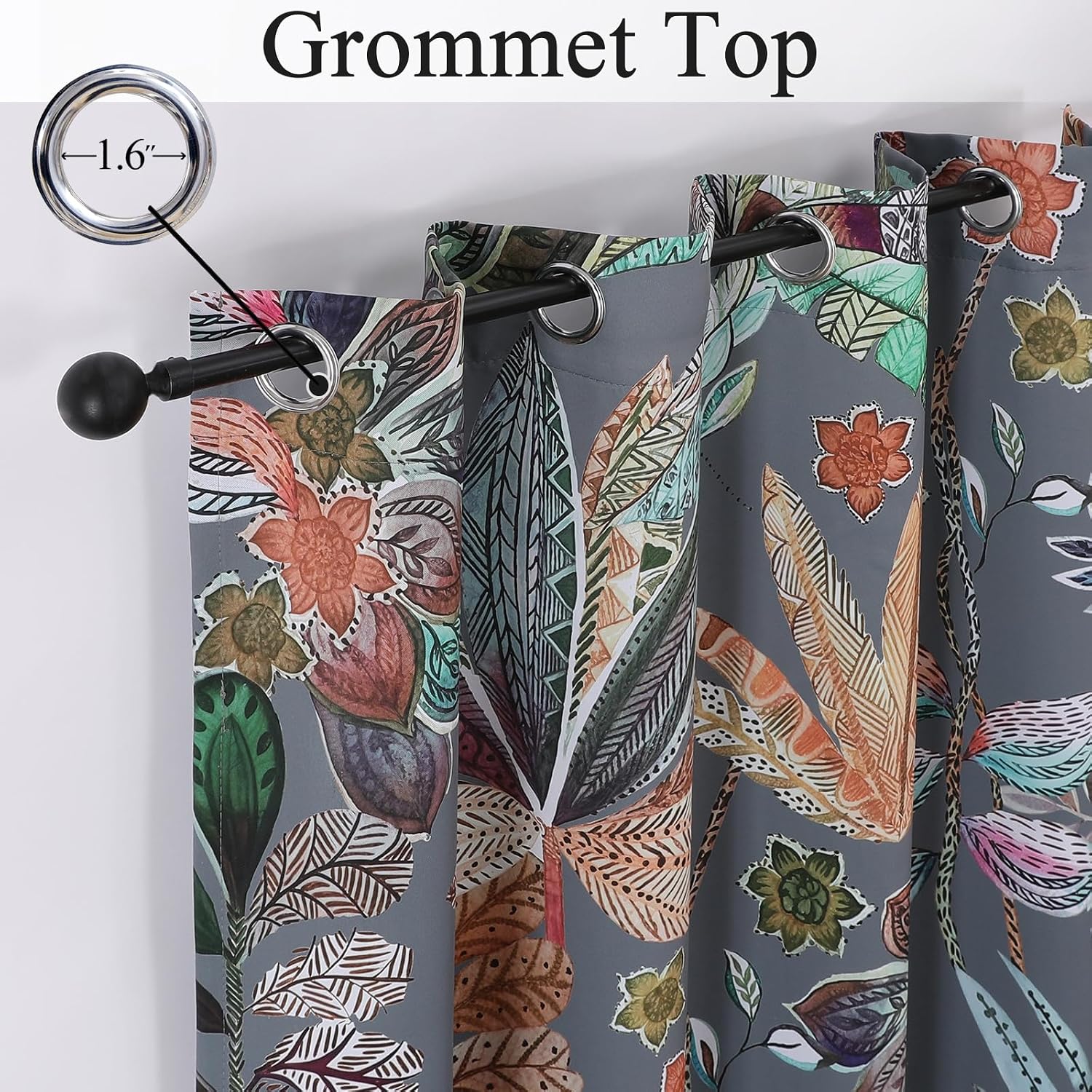Grey Boho Leaves Room Darkening Curtains 84 Inches Long for Living Room image 2