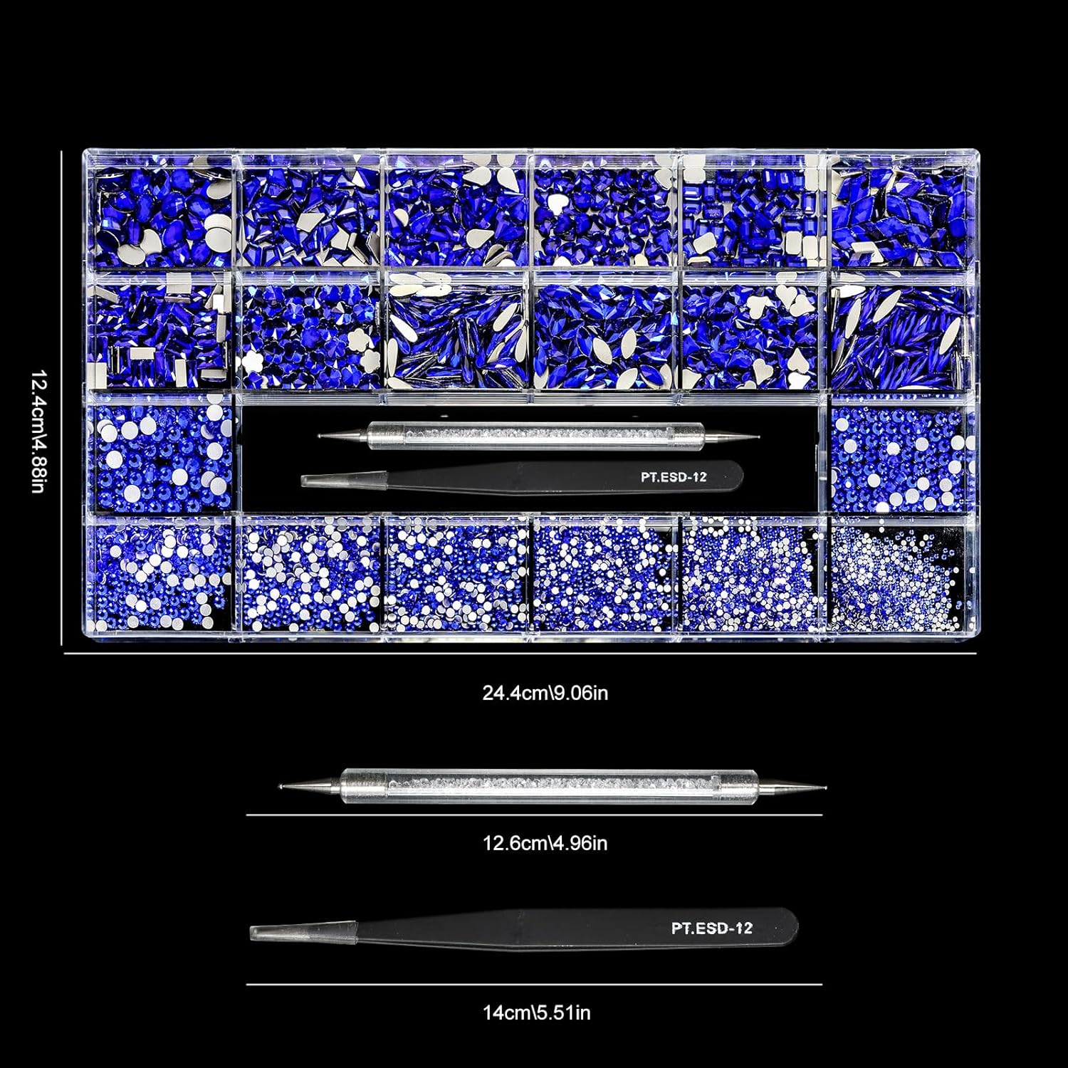 12 Types of Blue 600 Diamonds + 2500 Flat Rhinestones Mix 20 Styles Flatback DIY Crafts Rhinestone Crystals 3D Decorations Flat Back Stones Set +Tweezers + Drill Pen - Image 2