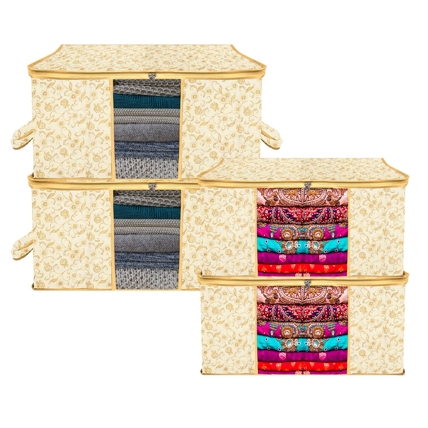 Kuber Industries Saree Cover & Underbed Stoarge Bag Set | 2 Pieces Saree & 2 Pieces Underbed Storage Bag Combo Set | Zipper Closure & Handle | Leaf-Design | Set of 4 | Cream