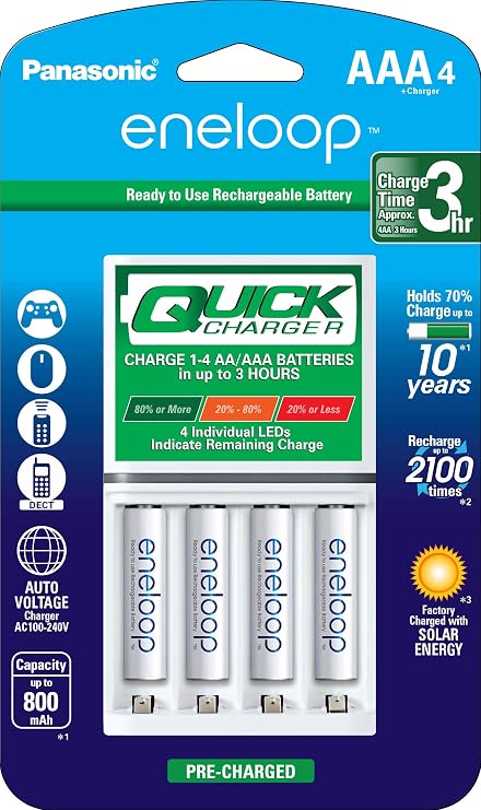eneloop Panasonic K-KJ55M3A4BA Advanced Individual Battery 3 Hour Quick Charger & BK-4MCCA4BA AAA 2100 Cycle Ni-MH Pre-Charged Rechargeable Batteries, 4-Battery Pack