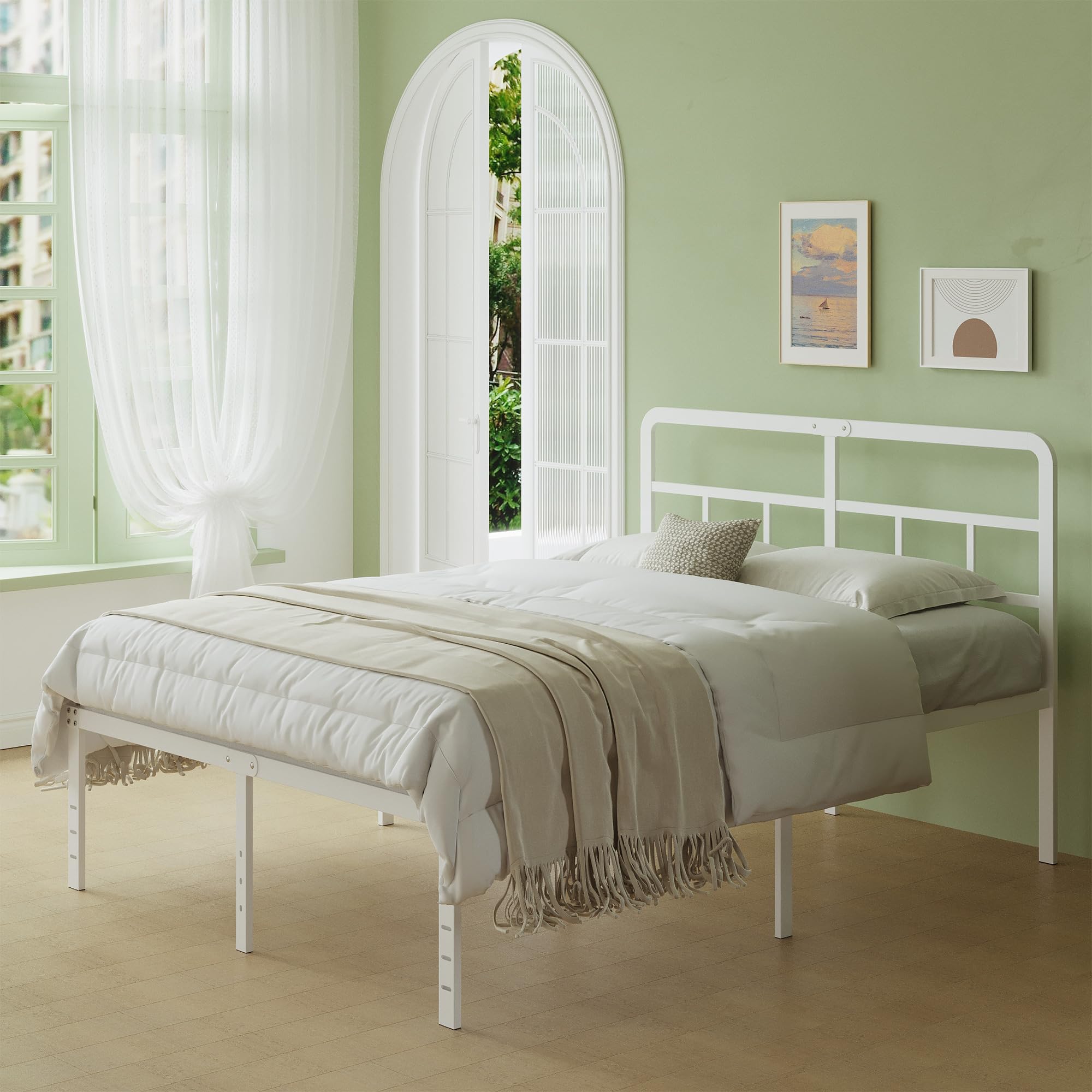 Lutown-Teen Letto una Piazza e Mezza 120x190 cm con Testiera Curva, Struttura Letto Alta 46 cm con Doghe in Metallo, Giroletto con Contenitore Sottostante, Montaggio Facile, Silenzioso, Bianco