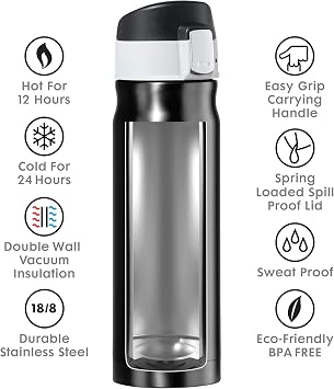 OGGI Caliber Stainless Steel Travel Water Bottle- Insulated Coffee Mug, Metal Water Bottle, Sports Bottle, Water Flask, Travel Bottles, 17oz, Black
