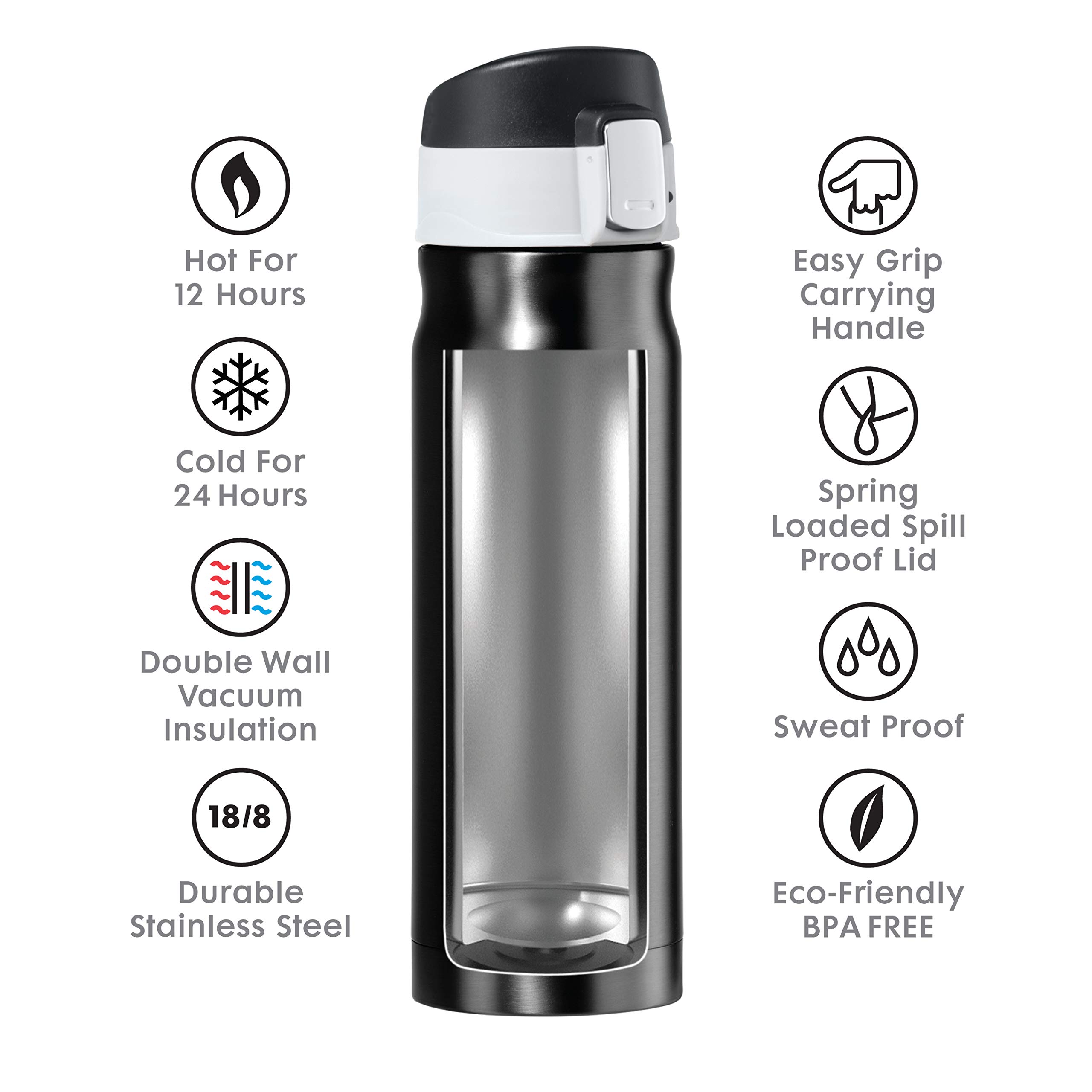 OGGI Caliber Botella de agua de viaje de acero inoxidable, taza de café aislada, botella de agua de metal, botella de deporte, botella de agua, botellas de viaje, 17 onzas, champán