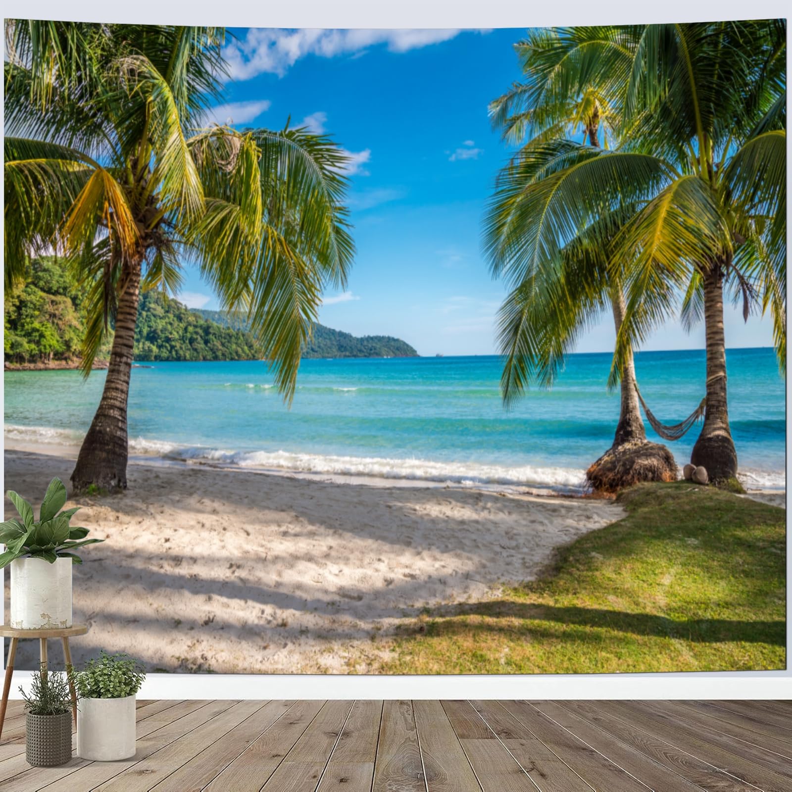 Calefee Tapisserie Murale Chambre L 200 x H 200, Tenture Murale en Polyester avec Motif Paysage Nature Mer, Palmiers