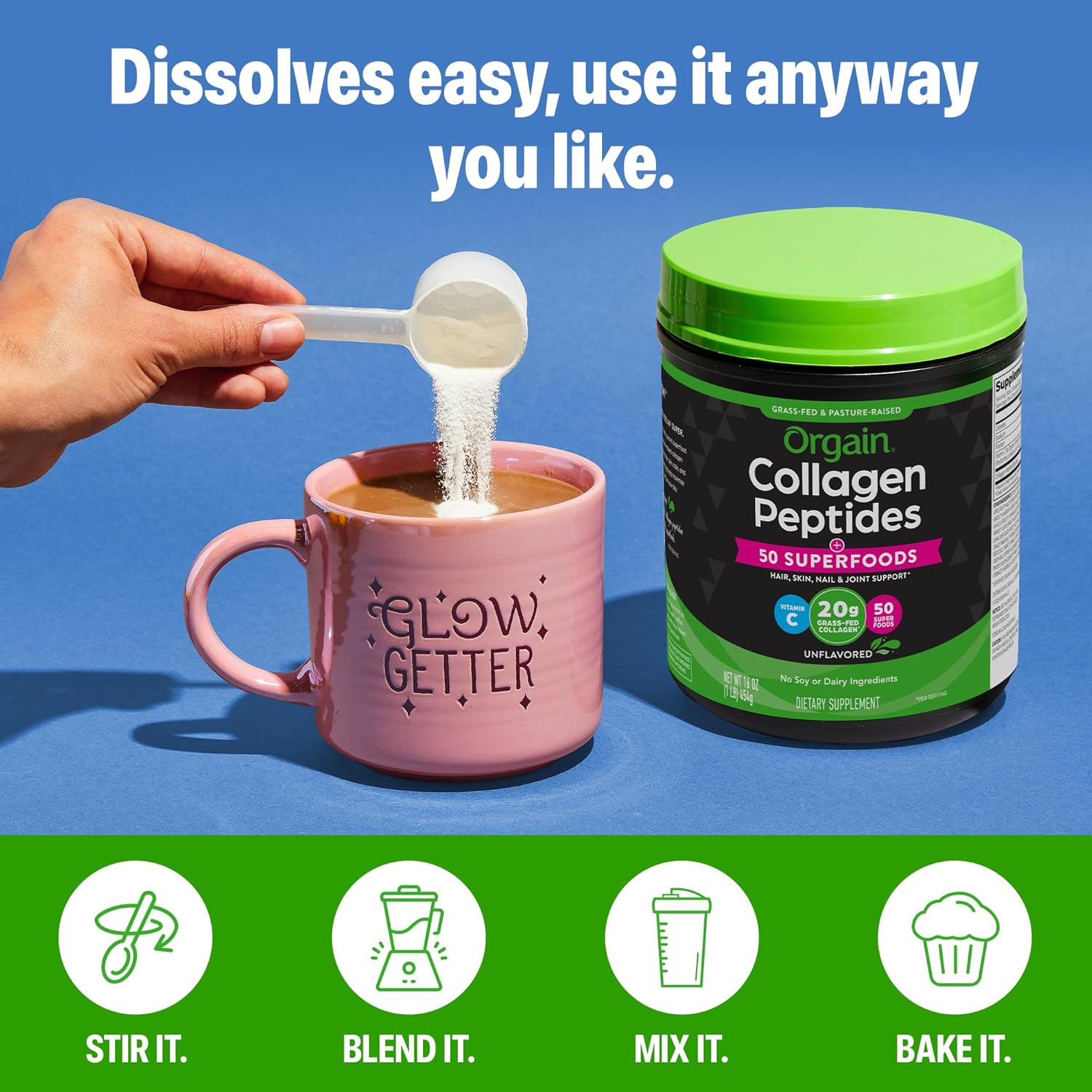 Orgain Hydrolyzed Collagen Powder + 50 Organic Superfoods For Women & Men, 20g Grass Fed Collagen with Vitamin C, Unflavored - Hair, Skin, Nail, & Joint Support Supplement, Non-GMO, Type I & III, 1lb - Image 8