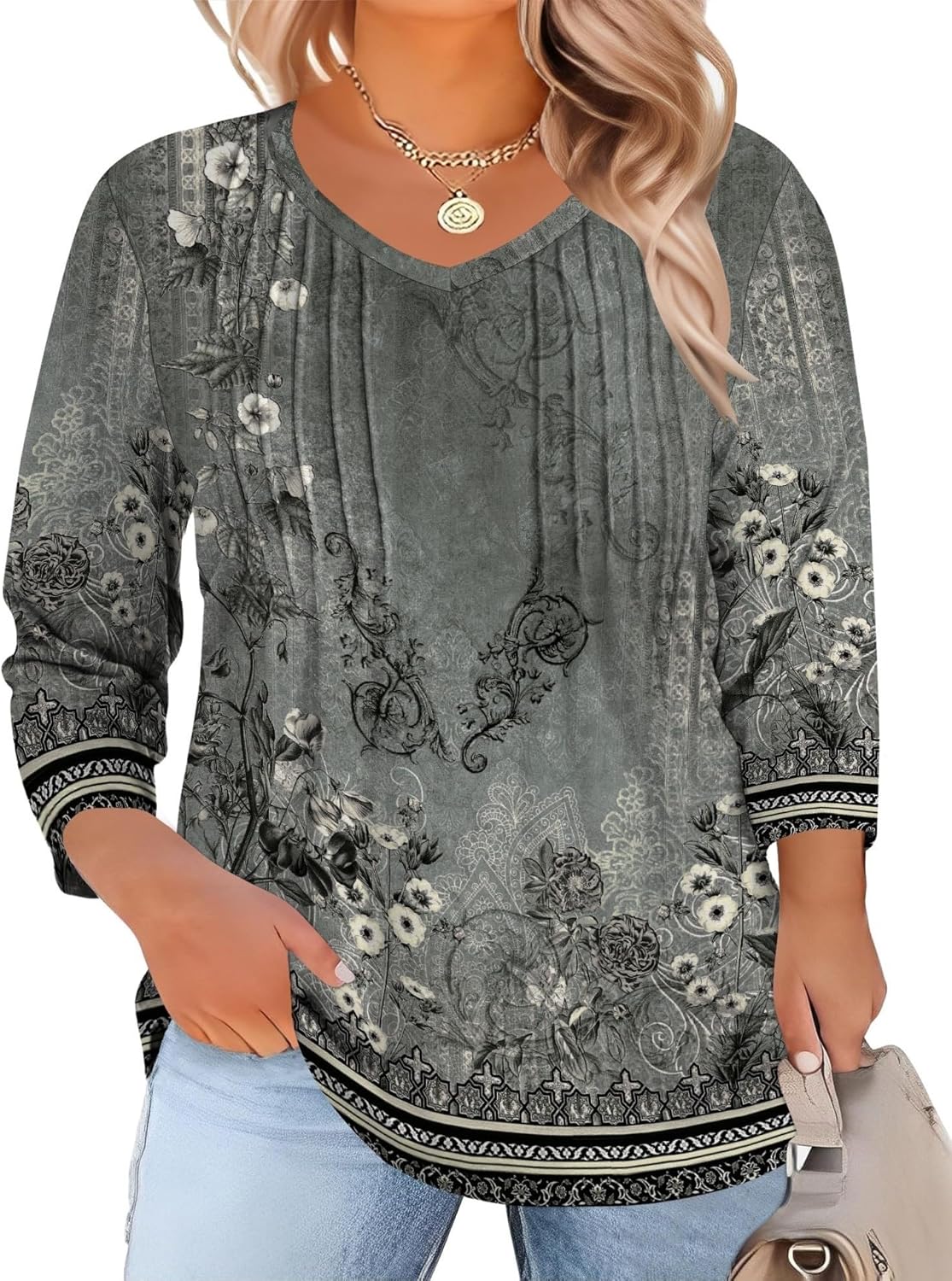 Romanstii Plus Size Tops for Women Womens 2026 Spring 3/4 Sleeve Blouses Dressy Casual V-Neck T-Shirts Pleated Tunic XL-5XL