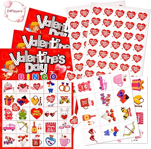 Tarjetas de juego de bingo para el día de San Valentín, divertidos juegos de fiesta para niños y adultos, 24 jugadores, tarjetas festivas de bingo