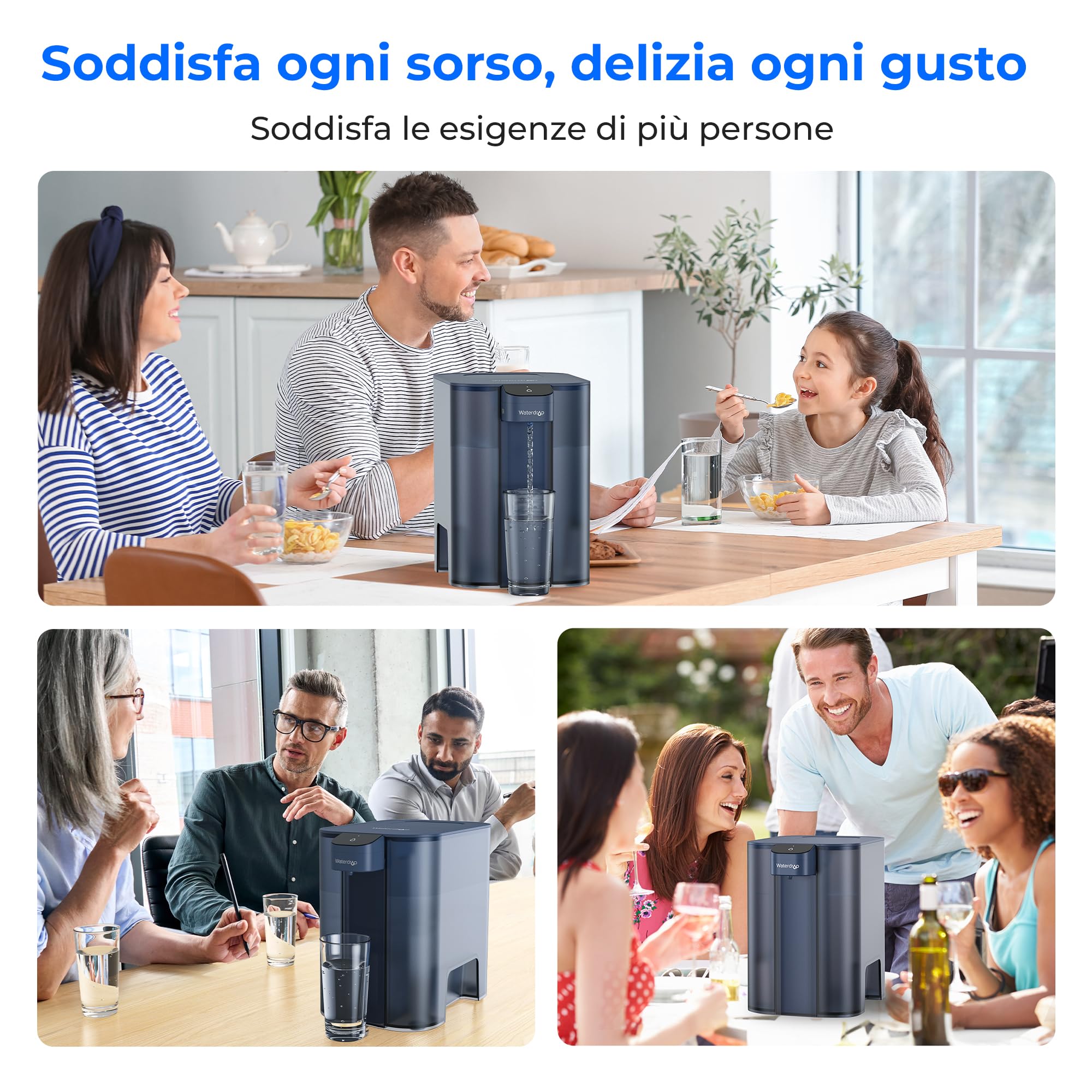 Waterdrop Mega Caraffa Filtrante Elettrica con Filtro per 3 Mesi, Sistema di Filtraggio dell'Acqua da 6 Litri, Riduce Cloro, Piombo, Mercurio, Riduce PFAS, PFOA/PFOS, 757 Litri, Blu (1 Filtro Incluso)