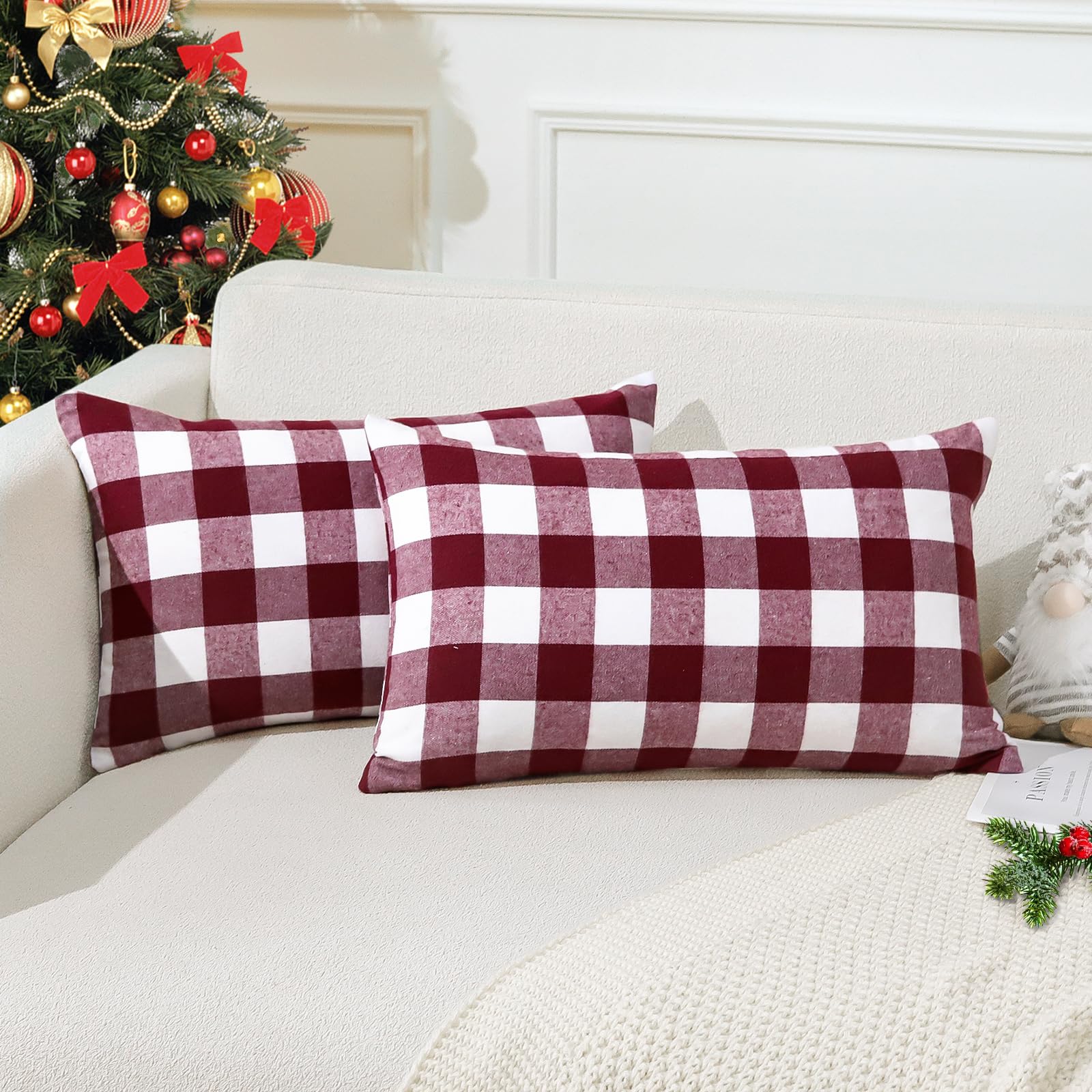 JOTOM Christmas Plaids Tartan Linen Throw Pillow Covers Buffalo Check Plaids Cushion Cover for Home Sofa Car Decorative Pillowcases Set of 2 30 x 50cm (Red and White)