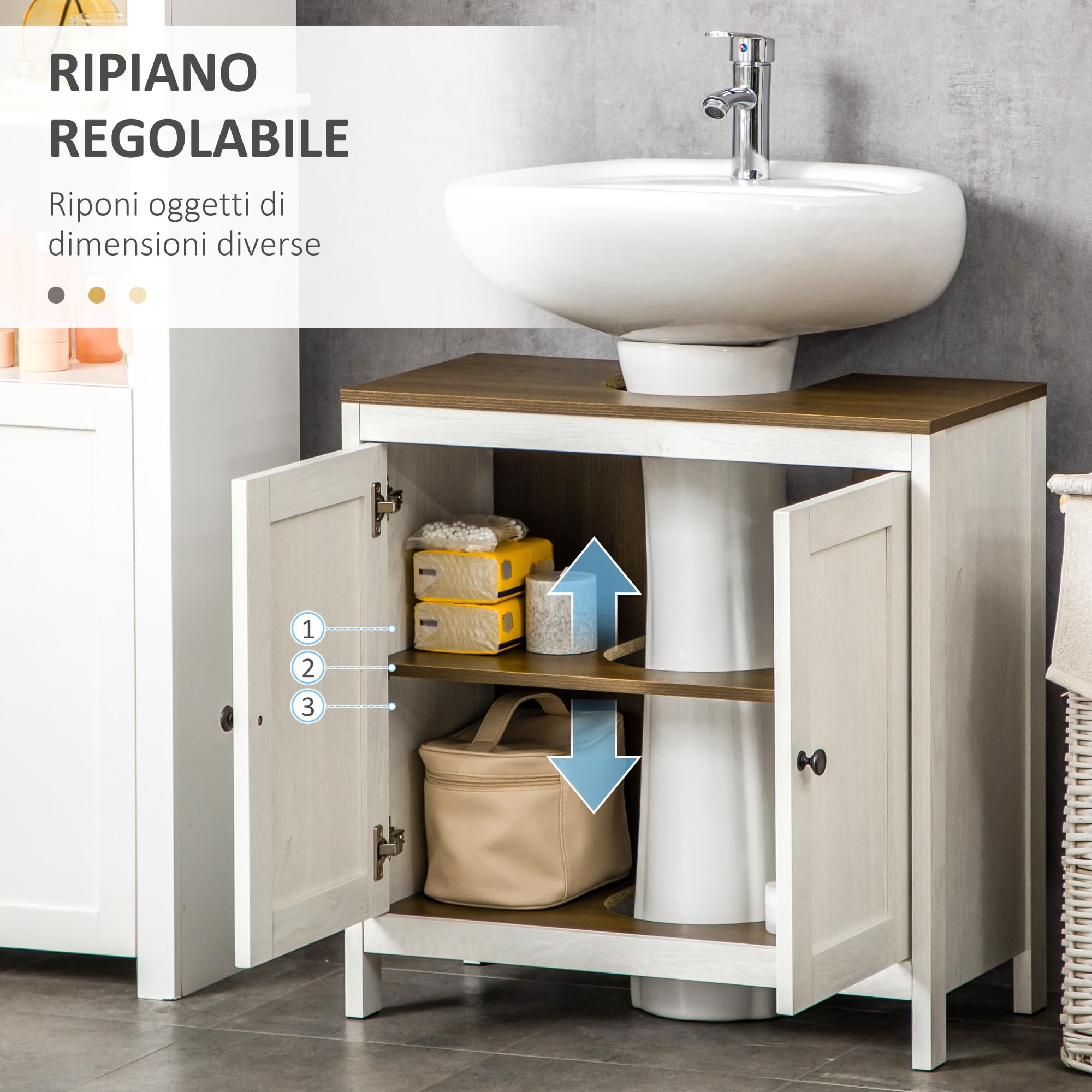 kleankin Mobile Sotto Lavabo Bagno a U con Ripiano Interno Regolabile e 2 Ante, Mobiletto Bagno in Truciolato, per Lavabi con o senza Colonna, 60x30x60 cm, Bianco e color Noce