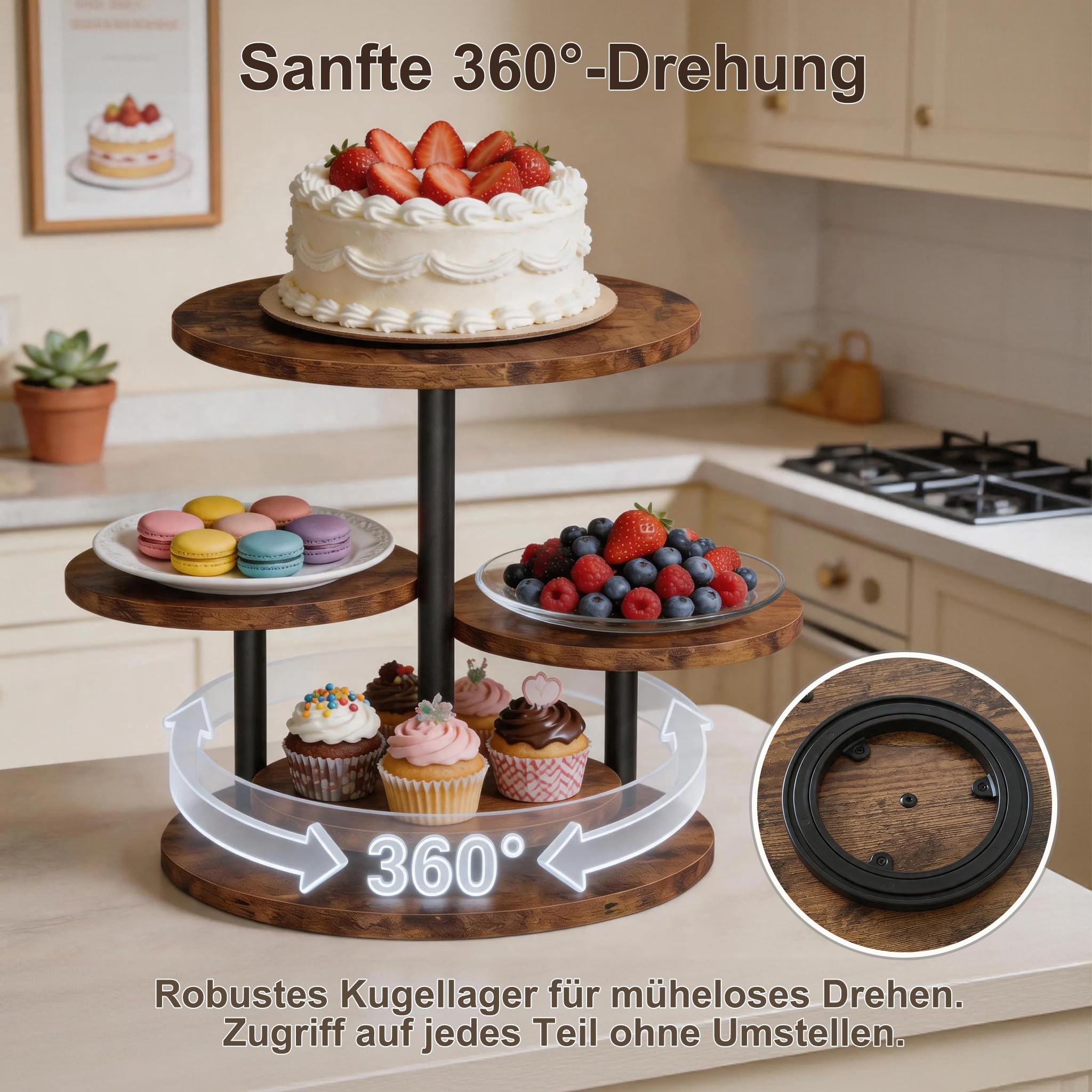 FUSHITON 360° drehbarer 4-stöckiger Ständer aus melaminbeschichtetem MDF & Metall, Etagere für Kuchen, Cupcakes, Deko, Pflanzen, Party, Kaffeetafel, Ø30/20 cm, H32,5 cm