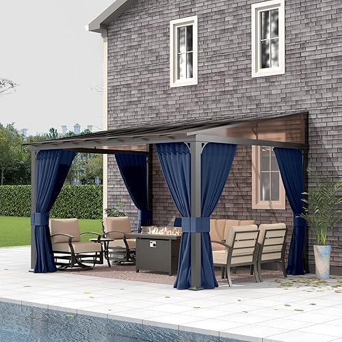 Gotland 10FTx12FT Outdoor Wall-Mounted Hardtop Pergola, Metal Frame Gazebo with Sloping Sun Panel Roof and Double Curtains for Patio, Garden, Lawn, Navy