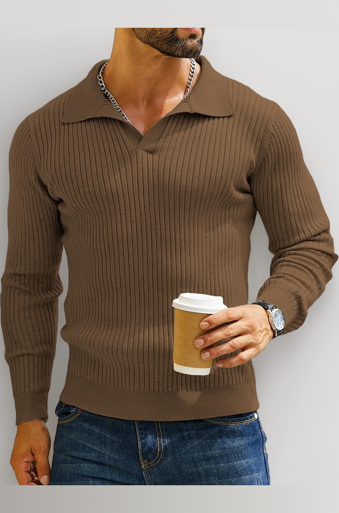 DENIMHOLIC Men's Cotton Full Sleeve Collar Polo Sweater for Men, Rib Knitted Sweaters for Men Winter Sweater for Man