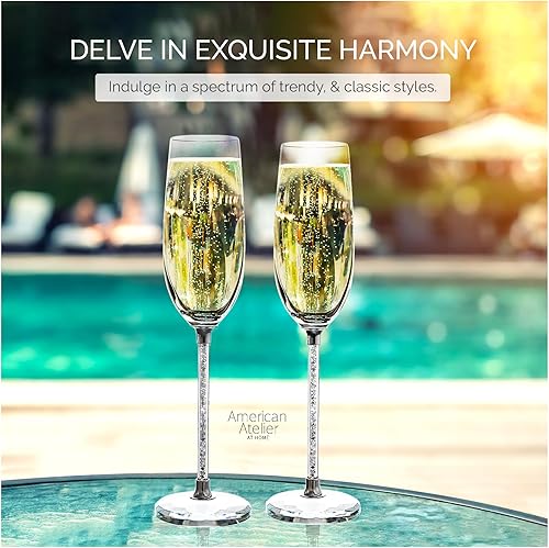 Miniatura 3 de American Atelier Juego de 2 flautas de champán, tallo relleno de gemas, vasos para tostar, regalo para aniversarios, compromisos o vacaciones, mide