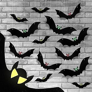 KatchOn, Hanging Bats Halloween Decorations Outdoor - Large, Pack of 12 | Black Halloween Bats with Fluorescent Eye Stickers for Halloween Tree Hanging Decorations | Bats Halloween Decorations Indoor