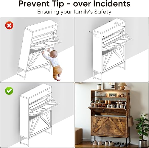 Miniatura 9 de PARTPHONER Armario de almacenamiento de zapatos con 2 cajones abatibles, organizador de zapatos independiente, marrón rústico