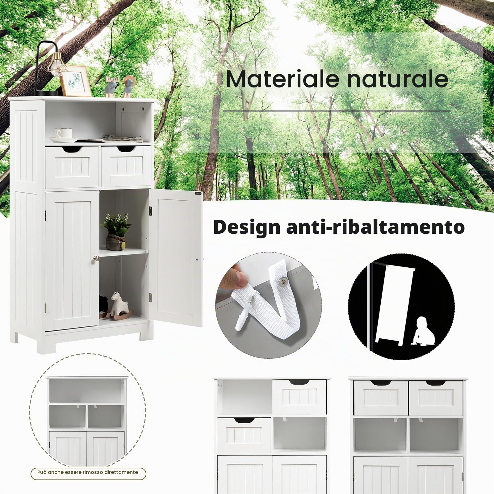 KOMFOTTEU Mobile da Bagno con 2 Cassetti e 2 Armadi a Porta, 60 x 30 x 109 cm, Armadietto da Terra Autoportante in MDF, Armadio d’Archivio per Soggiorno, WC, Camera da Letto, Cucina (Bianco)