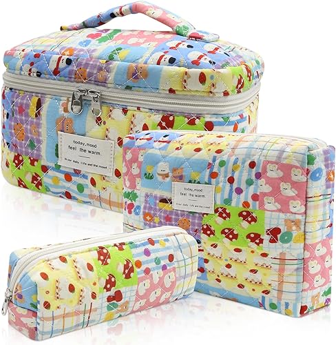 Juego de bolsas de maquillaje de 3 piezas, juego de bolsas de maquillaje acolchadas, bolsa grande para cosméticos florales para mujeres, bonitas