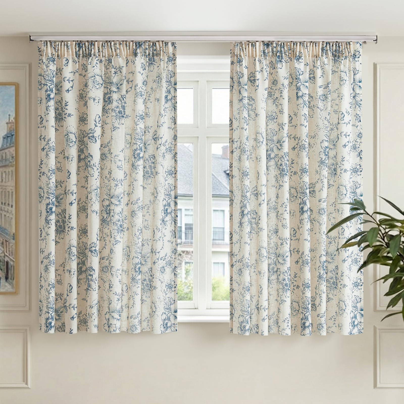 TOPICK Blue Floral Linen Look Net Curtains for Bedroom Windows 54 Inch Drop, Light Filtering Voile Curtain 2 Panels for Living Room, Sheer Pencil Pleat Curtains for Nursery, Kids Room, W55 x L54 Inch