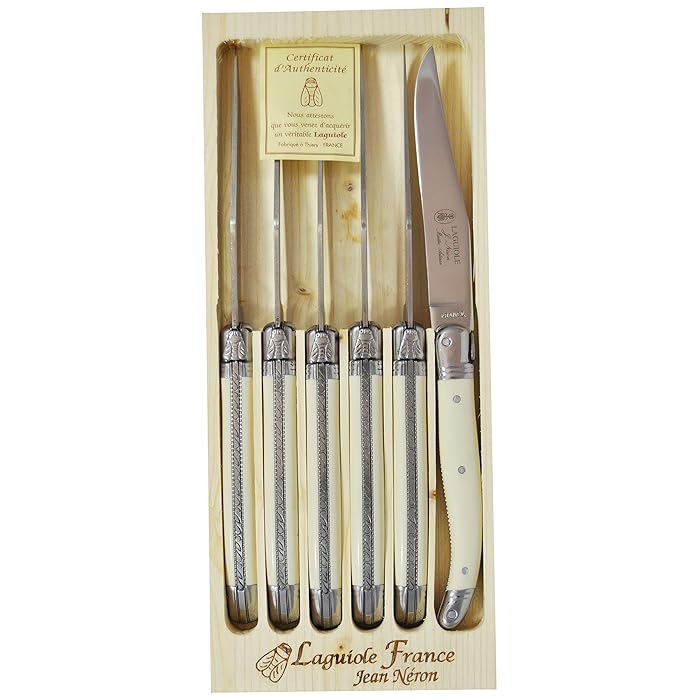 Buy Neron Coutellerie Laguiole 6 Piece Handcarved Steak Knife Set with Plates and Ivory Handle