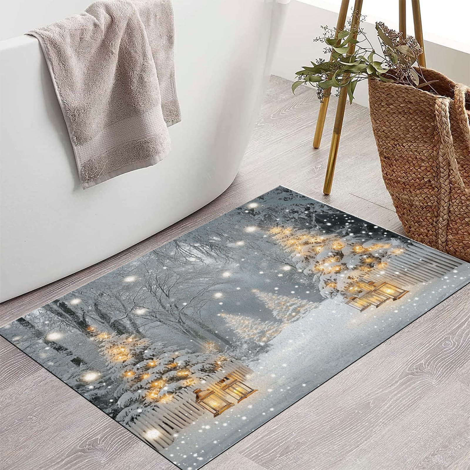 Fußmatte 80X120Cm - rutschfeste Eingangsmatte, Strapazierfähige Fußmatte, Schmutzfangmatte Mit Gummibeschichtung Für Den Außenbereich, Winterwald-Schneeszene Waschbare Fußmatte