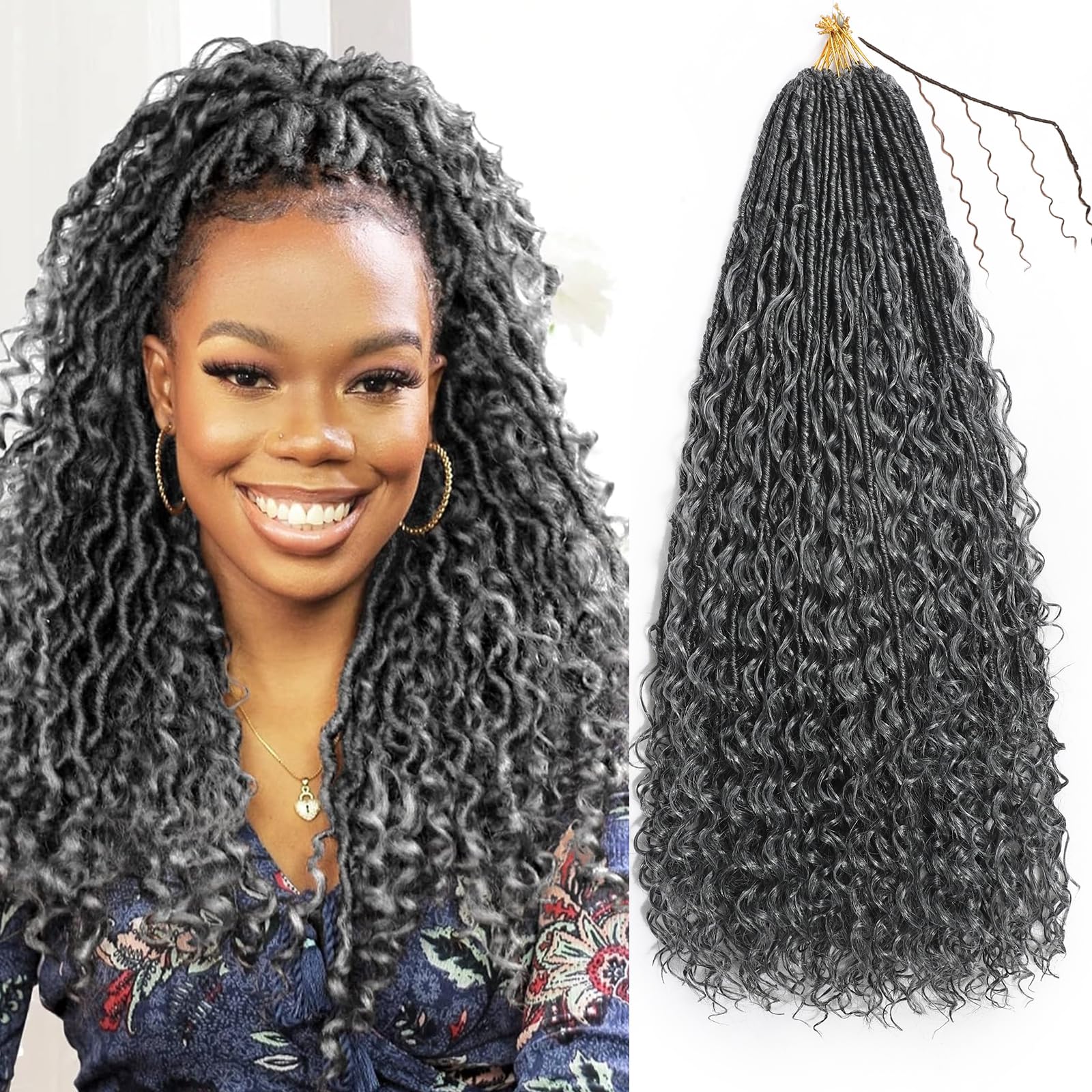 XIIMENALU Boho Faux Locs Crochet Hair 8 Packs Goddess Soft Locs with Curly Ends Pre-Looped Bohemian River Locs Crochet Hair Extensions for Black Women (F1B/Grey#