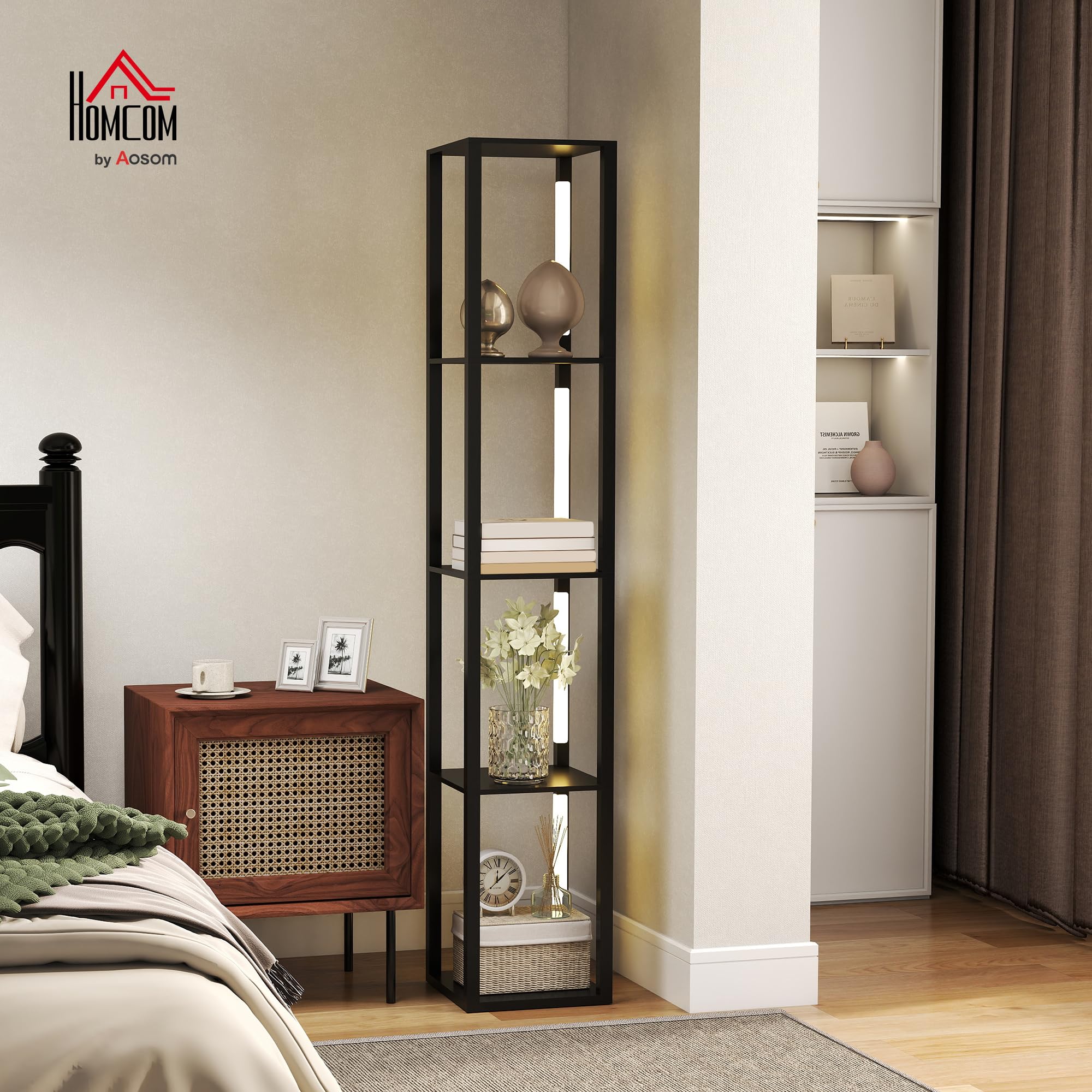 HOMCOM Lampada da Terra con 4 Ripiani Luce Dimmerabile 29x29x163 cm Nero | 3 Luminosità Regolabili, Interruttore a Pedale, Piantana Lampada da Terra, per Soggiorno, Salotto e Camera