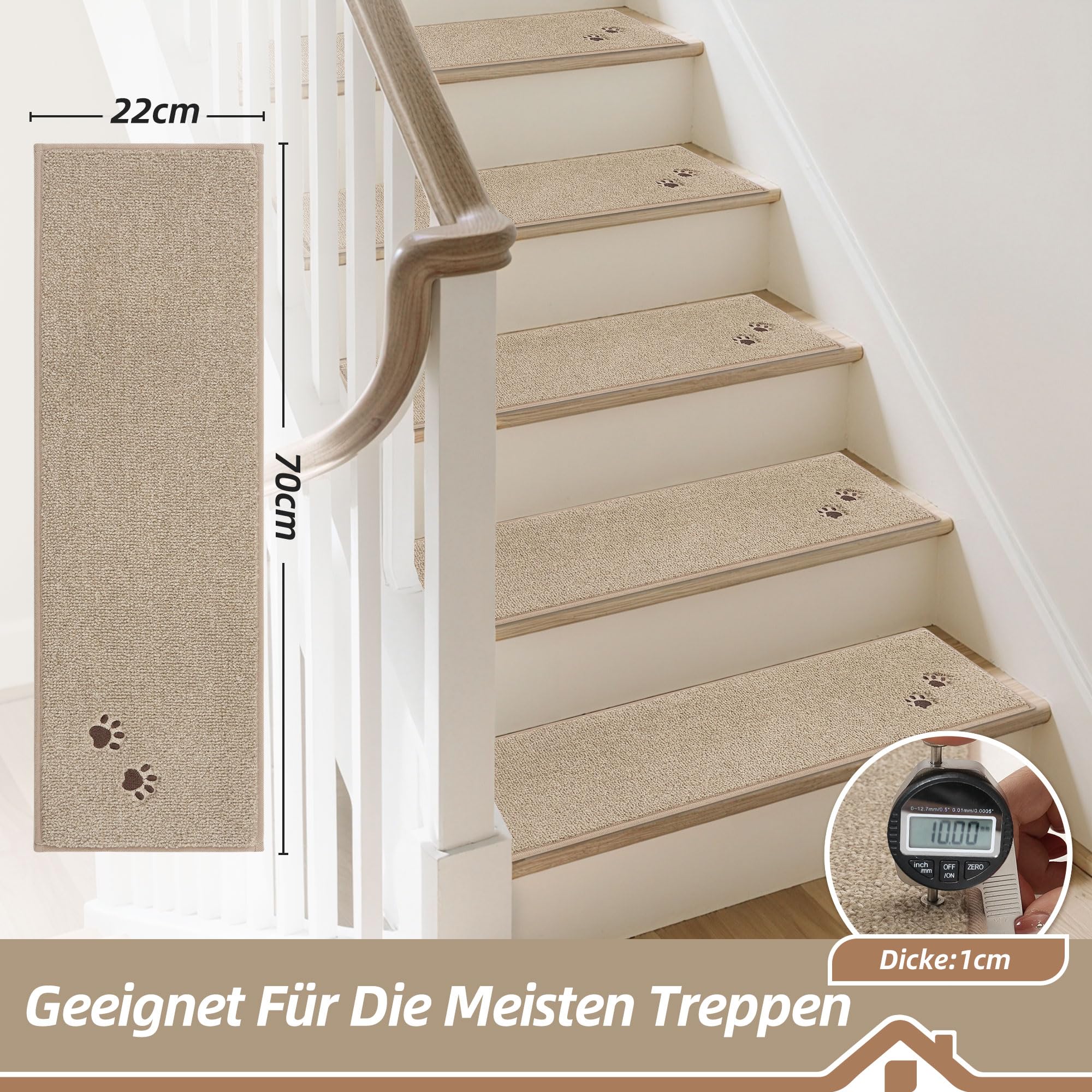 BEQHAUSE Tappetini per gradini, per interni, antiscivolo, 15 pezzi, lavabili in lavatrice, per bambini, anziani e animali domestici, 100% poliestere TPE, schienale 22 x 70 cm, beige