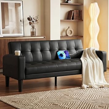 ROCSUMOO 2 Seater Sofa 157cm Comfy Loveseat Leather Sofa with 2 USB 2 Cup Holder Upholstered Small Sofa for Living Room&Office, Black