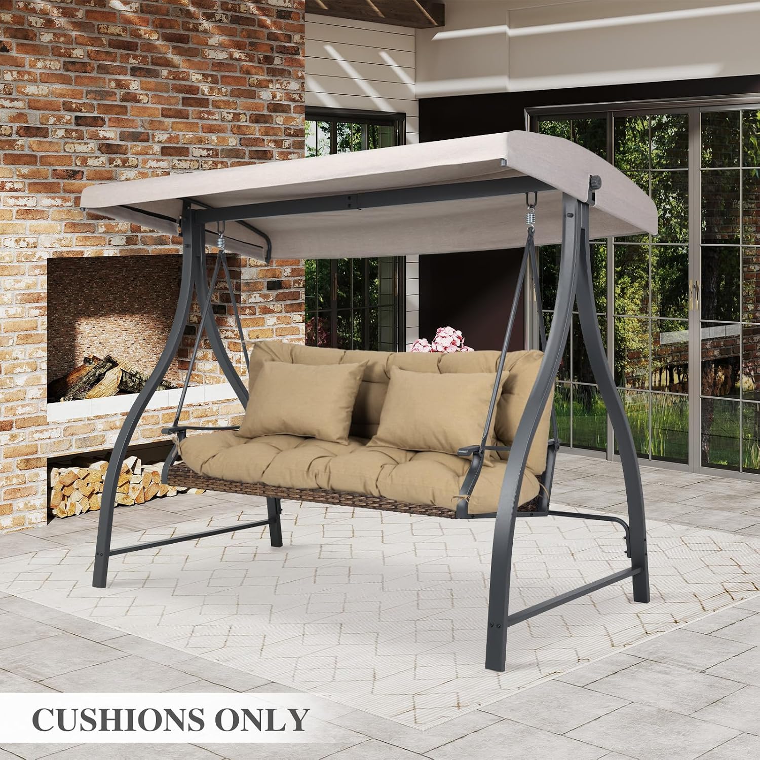 Aoodor 59" Tufted Porch Swing Cushions, Outdoor Swing Replacement Cushion 2-3 Seater with Backrest and 2 Pillows, Water and Fade Resistant Bench Seat Pad for Garden Patio Furniture, Brown
