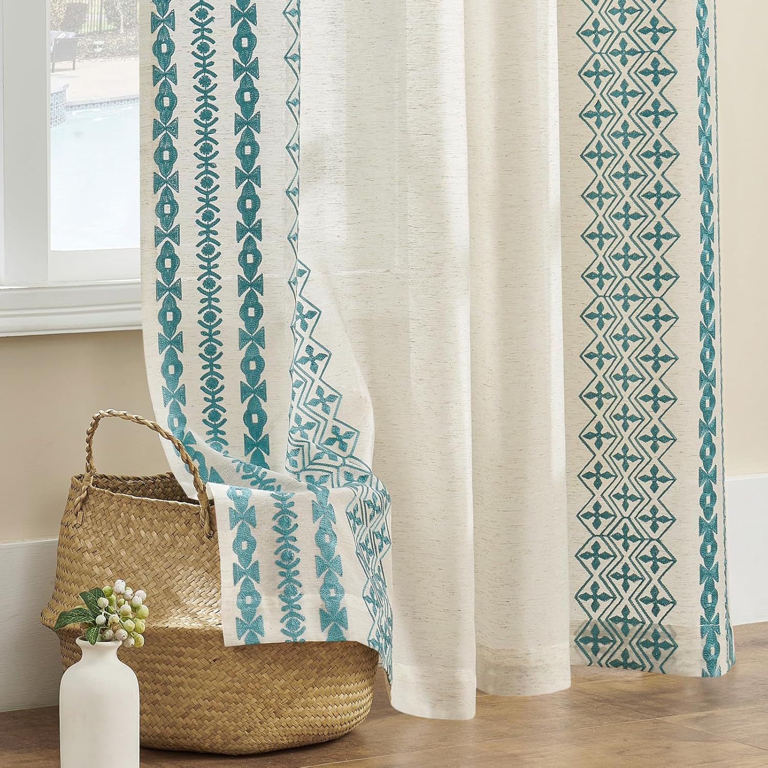 Boho Curtains 63 Inch Length 2 Panels Set Grommet Natural Linen Semi Sheer Curtains for Living Room Bedroom Privacy Vintage Bohemian Drapes Rustic Art Farmhouse Decor, 52x63 Inches Long, Teal Blue