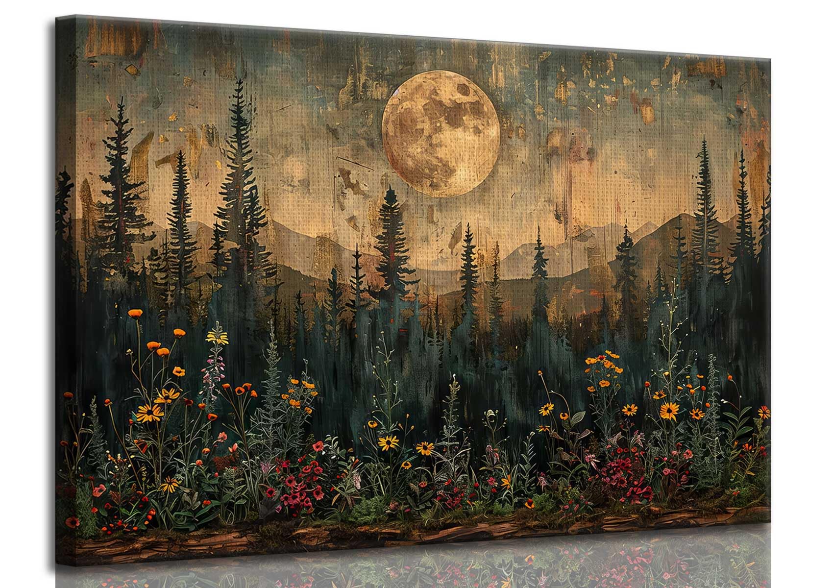 Full Moon Forest Canvas Wall Art Vintage Moonlit Pine Tree Mountains and Wildflowers Woodland Nature Landscape Picture Wall Decor Poster Print Artwork for Bedroom Living Room Home Decoration ( 35" x 23")