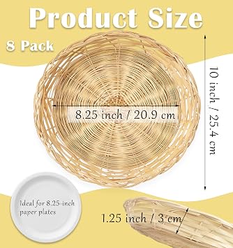Cheardia 8 Pack Bamboo Paper Plate Holders, 10 Inches Reusable Wicker Charger Plates for Dinner Plates Natural Hand Woven Wicker Paper Plate Baskets for Home Party Daily Dinning Picnic
