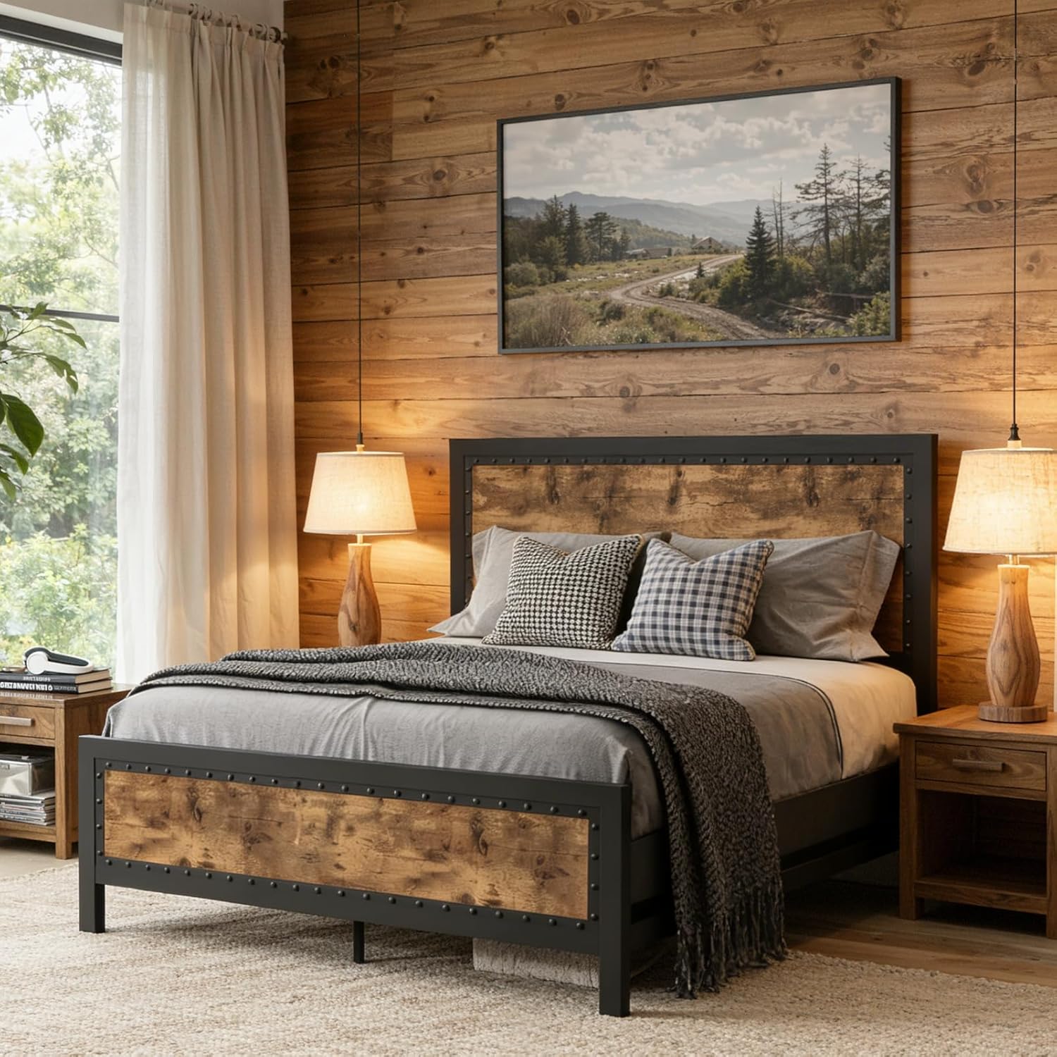 SHA CERLIN Grey Metal Bed Frame Queen, Industrial Wooden Platform Base with Rivet Headboard and Footboard, No Box Spring Needed