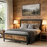 Vista 3 de SHA CERLIN Base de cama de metal gris tamaño Queen, base de plataforma de madera industrial con cabecera de remache y estribo, no necesita somier