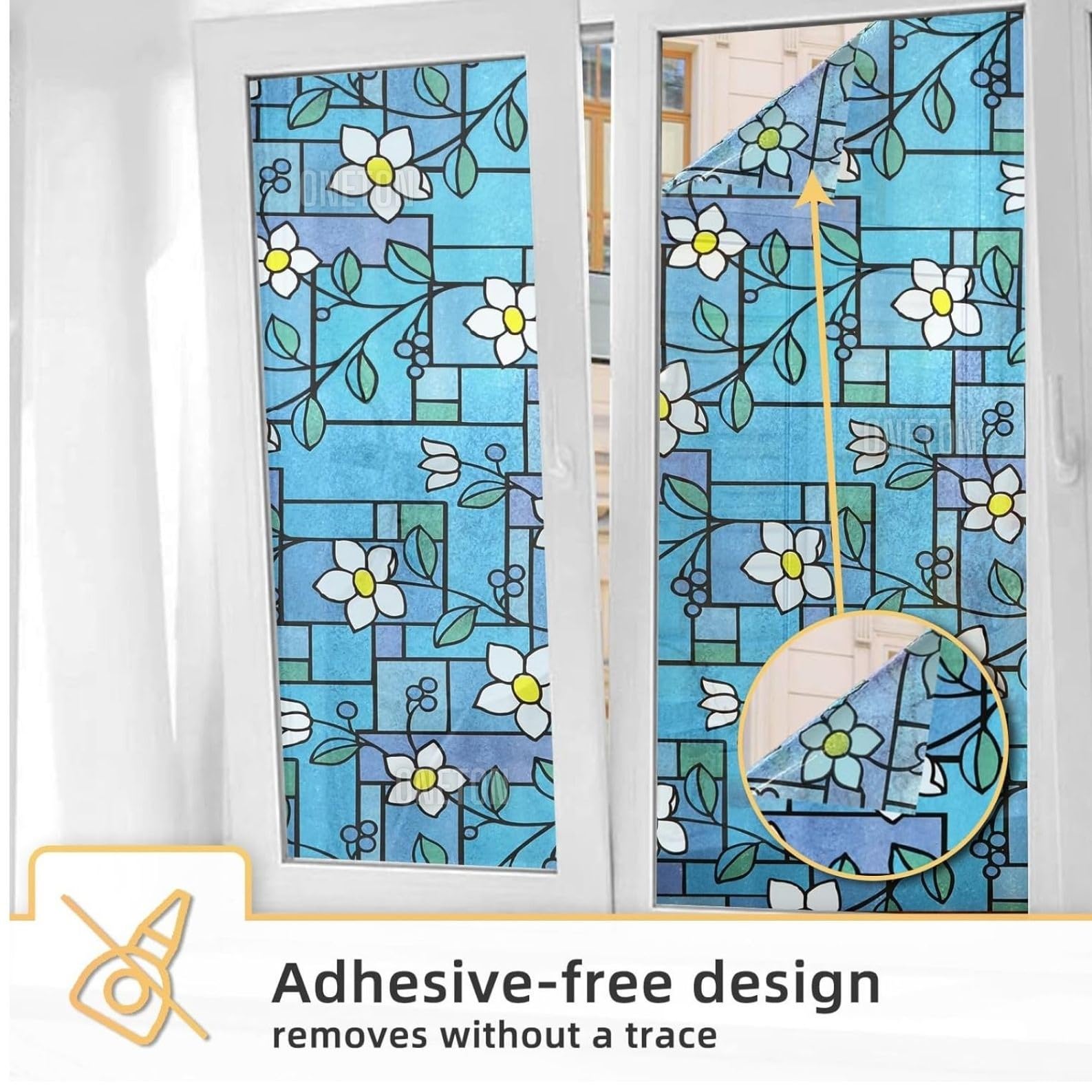 ONETON Frosted Glass Window Film Self Adheisve Decoartive Window Privacy Sheet Film UV Control Static Cling Removable Vinyl Frosted Privacy Film 12x48 Inch Blue Flower 2