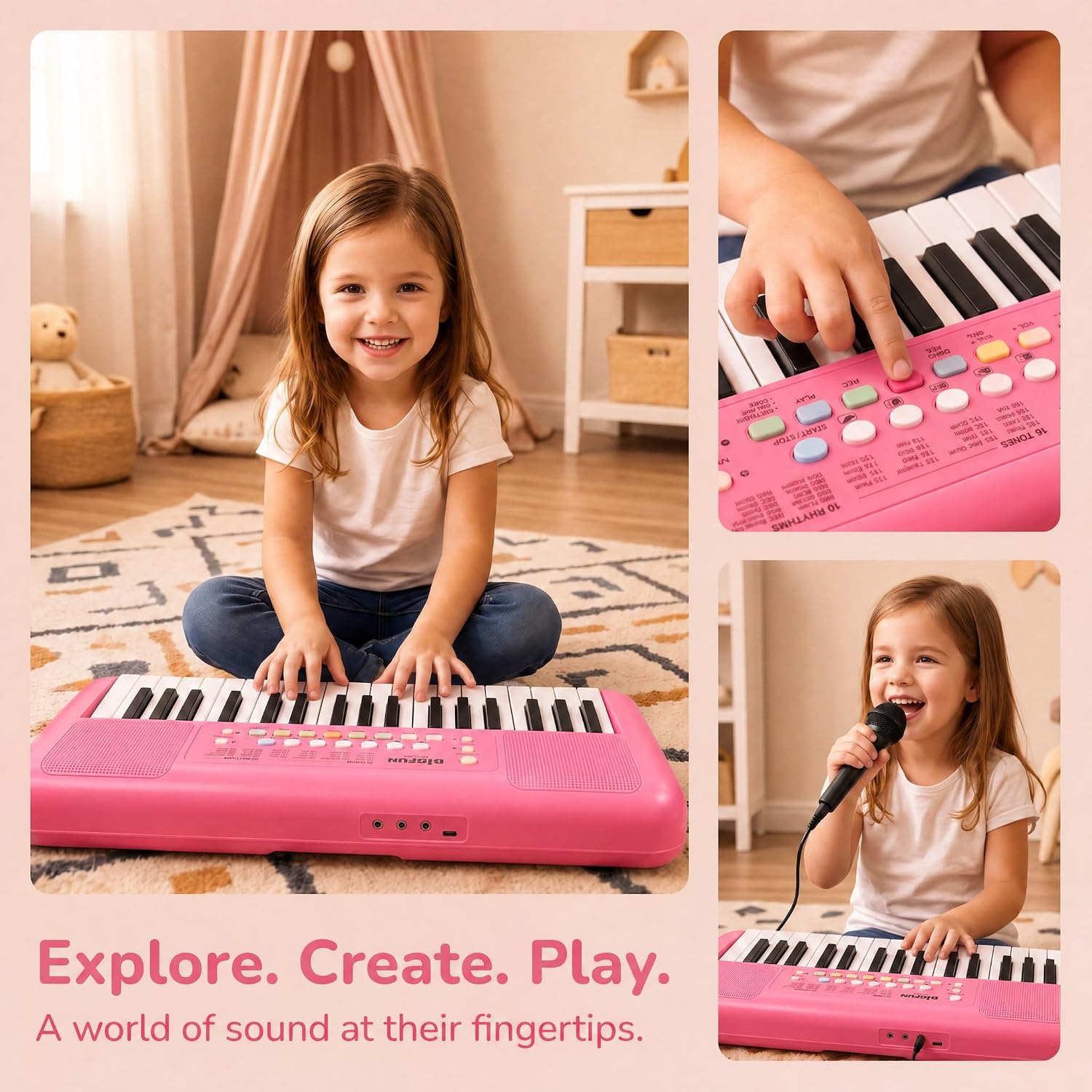 LeeQee 32 Keys Kids Keyboard Piano with Microphone, Age 3-6, Strawberry Red | Double Speakers Stereo Sound, Record and Playback, 16 Tones 10 Rhythms, Portable Musical Toy for Kids, Birthday Gift