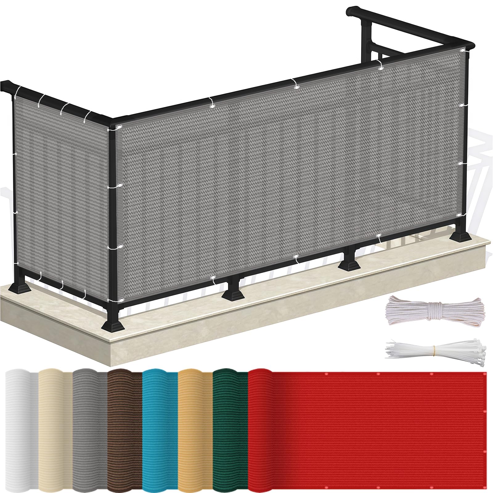 Telo Balcone 70 x 650 cm in HDPE 220G ㎡, Permeabile, Anti-Uv, Frangivento, Protezione Solare, Recinzione Copertura per Balcone con Fascette e Funi para Exterior Terraza, Grigio