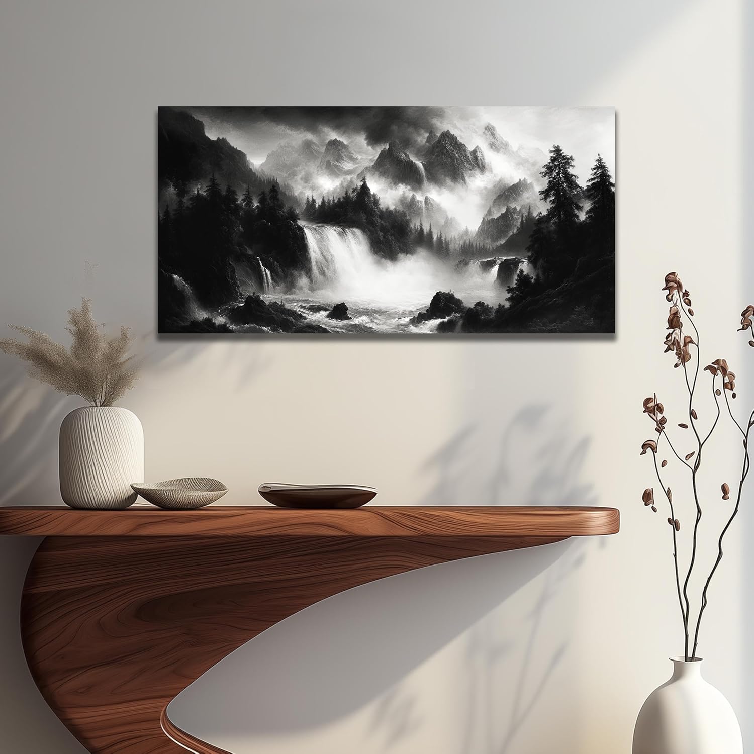 Mountain Pictures Wall Art for Living Room Black and White Waterfall Wall Art for Bedroom Tree Wall Decor for Office 20 x 40 Inch