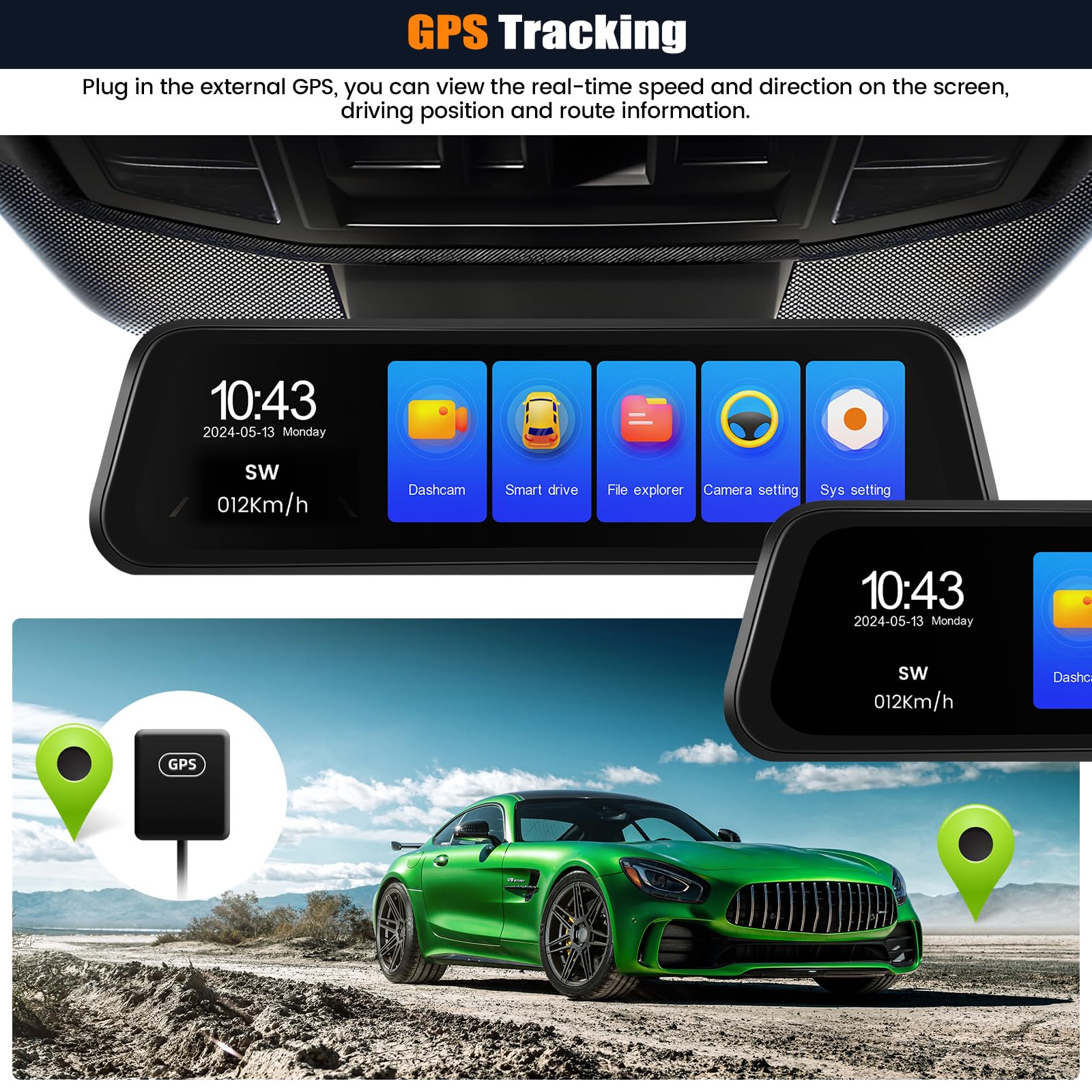 CAMECHO Retrovisor 4K 9.66 Pulgadas Mirror Dash CAM Coche con Cámara 1080P, Delantera 150° y Trasera Dashcam 120° con ADAS y BSD Línea Inversa, Visión Nocturna, Sensor G, GPS y WiFi