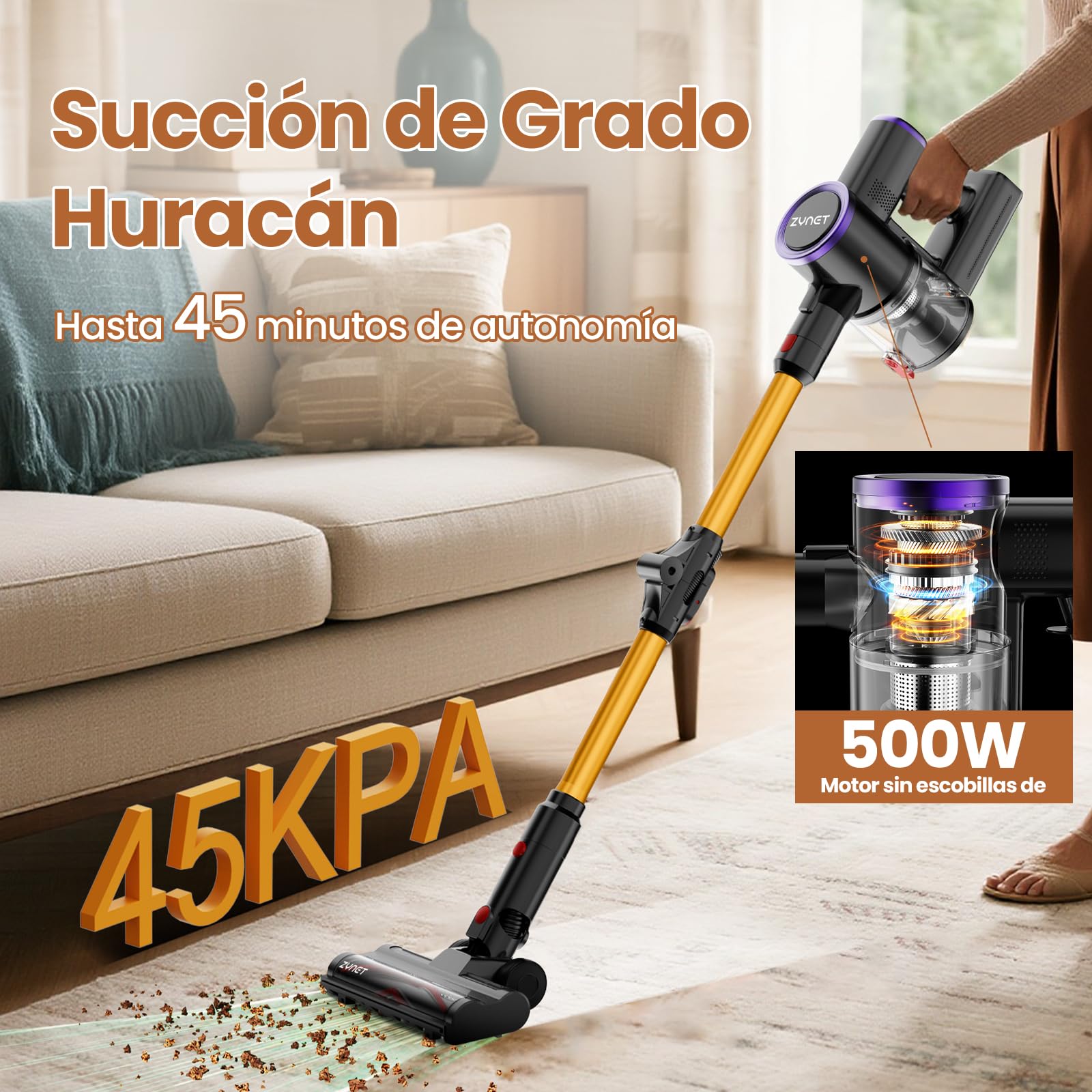 Aspiradora sin Cable Escoba S9,45KPA/550W Aspiradora Inalámbrica con Tubo Plegable y Base de Carga Mural,Luz Verde,Motor Sin Escobillas,hasta 45 Min,para Pelo de Mascotas,Suelos y Alfombras