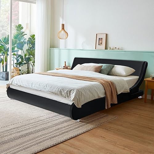 Miniatura 3 de NAFORT Base de cama tamaño Queen tapizada con cabecera ajustable curvada, moderna cama de plataforma de piel sintética de perfil bajo, soporte de