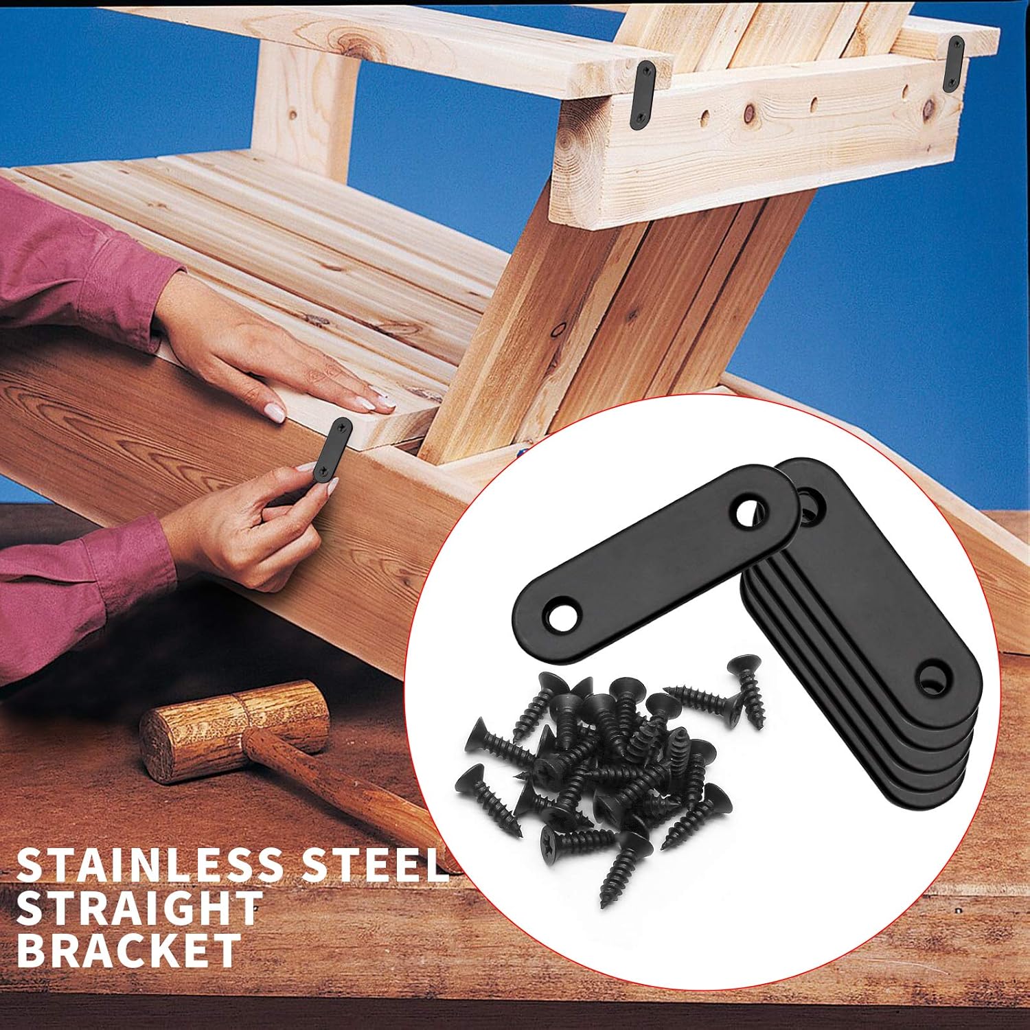 Jiozermi 12 Pcs Straight Brace, Flat Brace 2” x 0.6”, Stainless Steel Straight Bracket, Mending Joining Plates for Wood, Board, Bed Frame, Furniture & Shelves, Matte Black