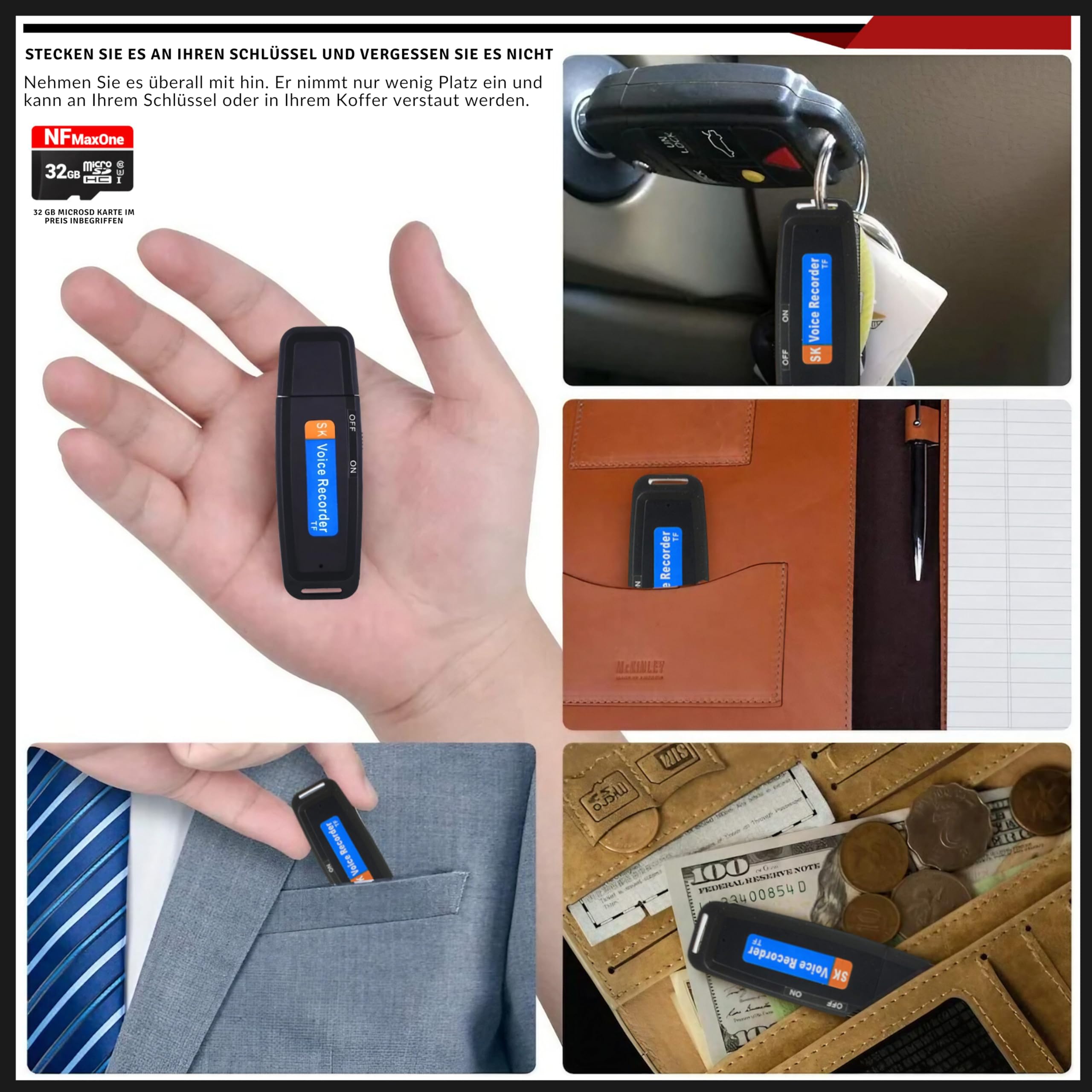 Voice Recorder Mini HD Voice Recorder Portable 32GB Audio-Diktiergerät für Meetings, Interviews, Konferenzen, Digitaler Spionagerekorder mit Speicher für + 100 Stunden Aufnahmezeit